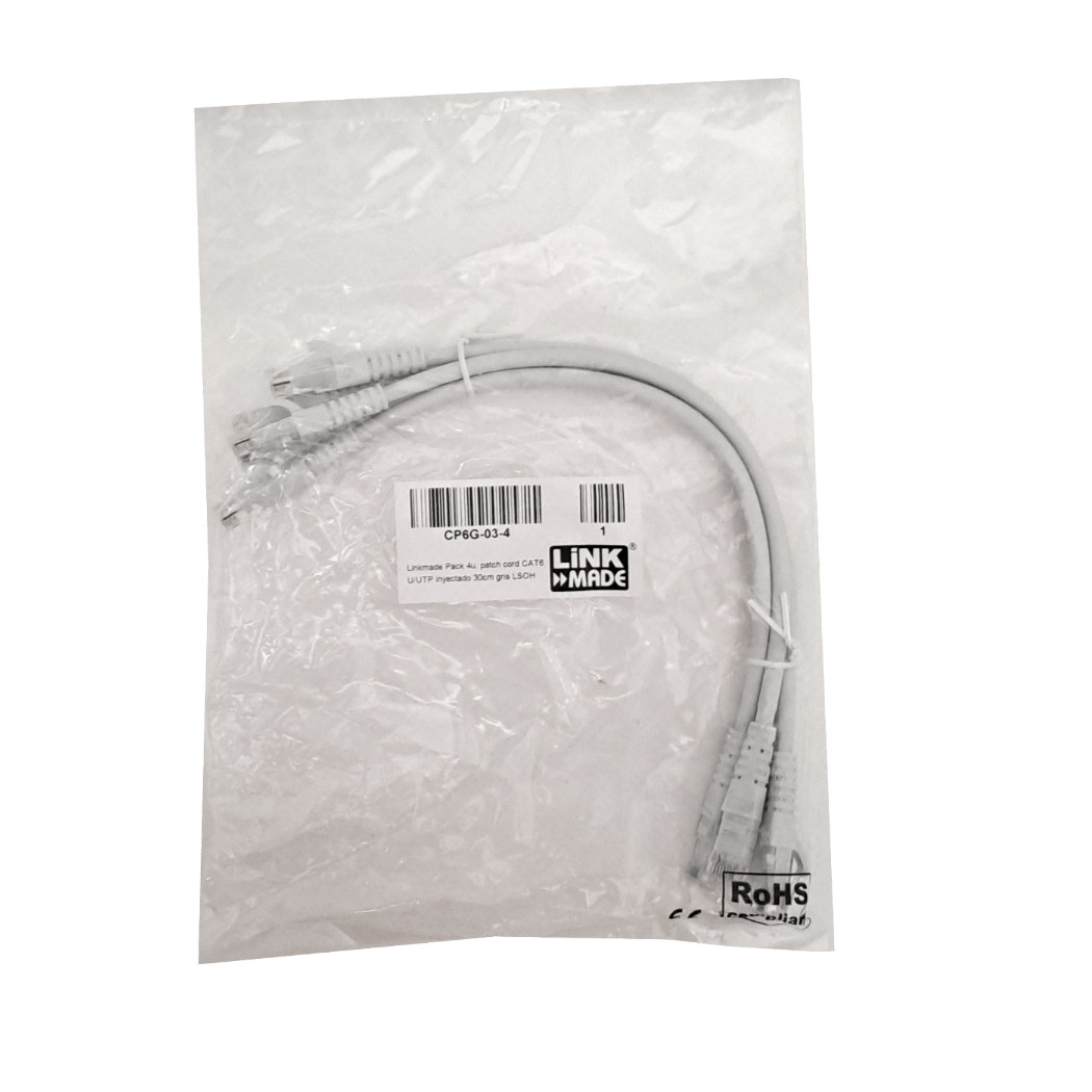 Pack x4 Cable Patch LINKMADE Cat6 Gris 30cm LSZH Inyectado Multifilar 1