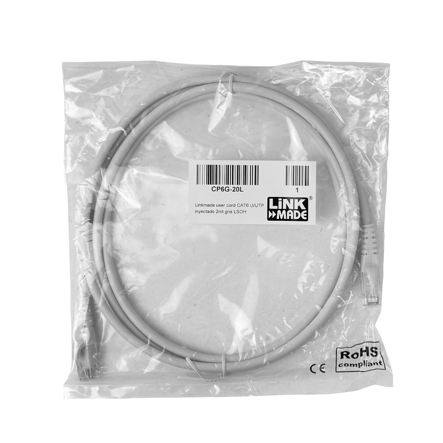 Cable Patch LINKMADE Cat6 Gris LSZH 2m Inyectado Multifilar para Redes de Alto Desempeño 1