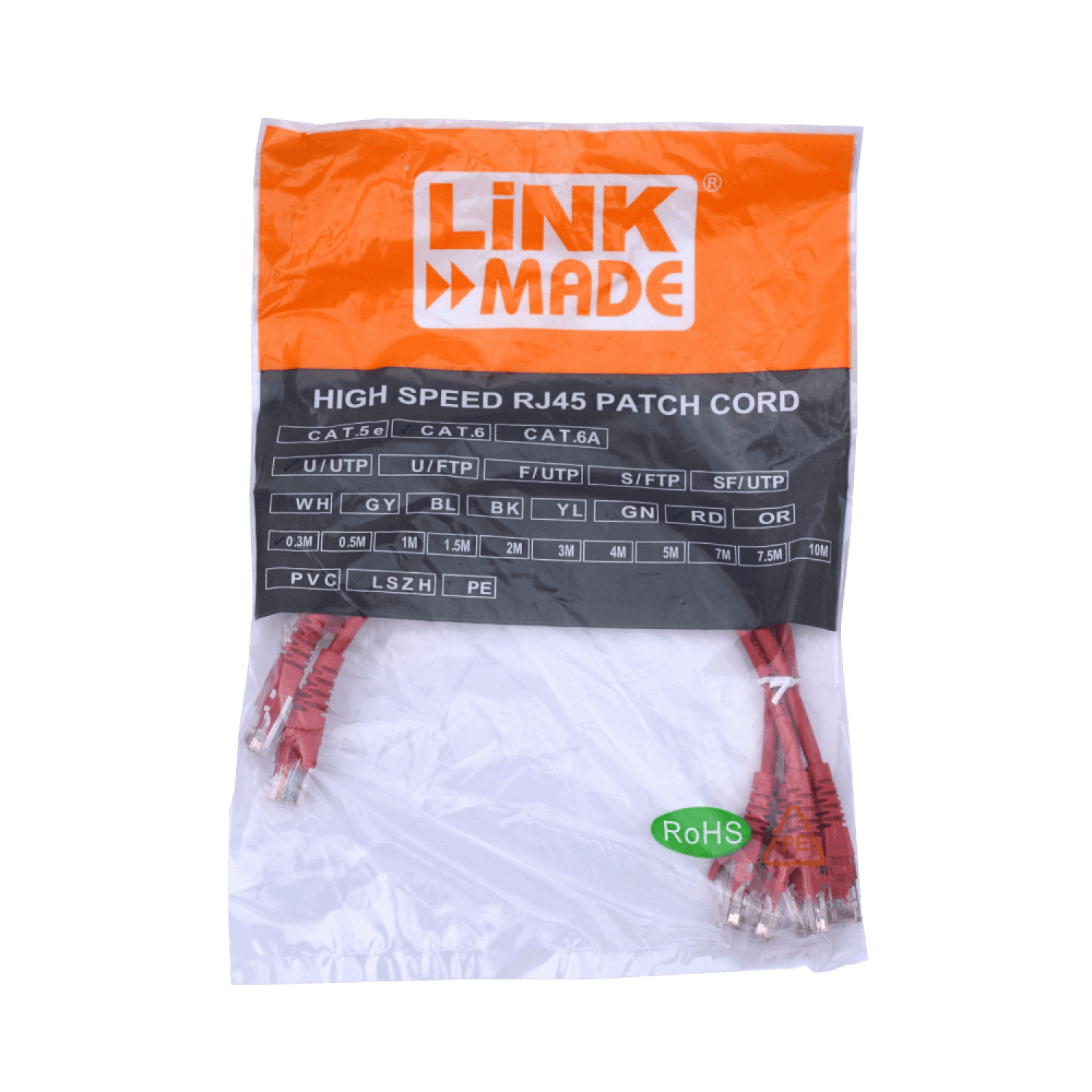 Pack x4 Cable Patch LINKMADE Cat6 30cm Rojo LSZH Inyectado 1