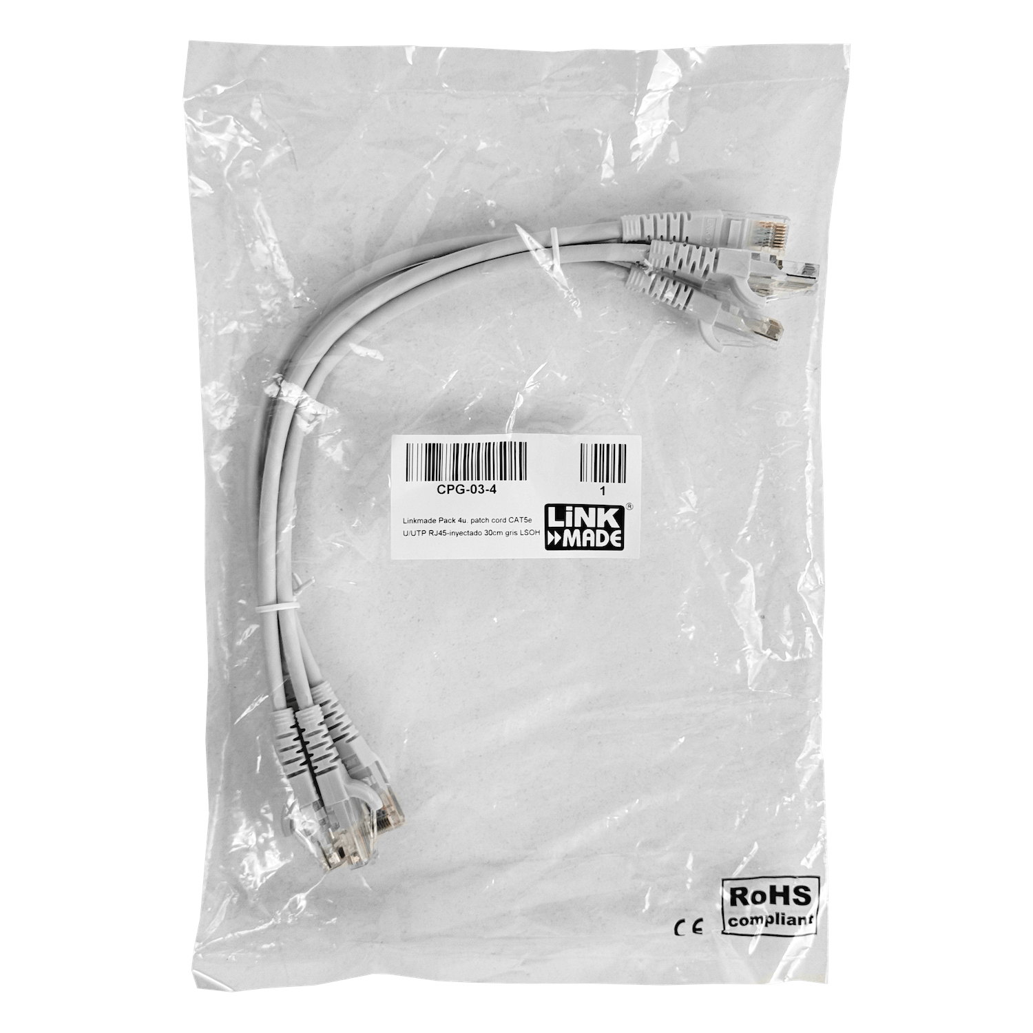 Pack x4 Cable Patch LINKMADE Cat5e Gris 30cm LSZH Inyectado Multifilar 1