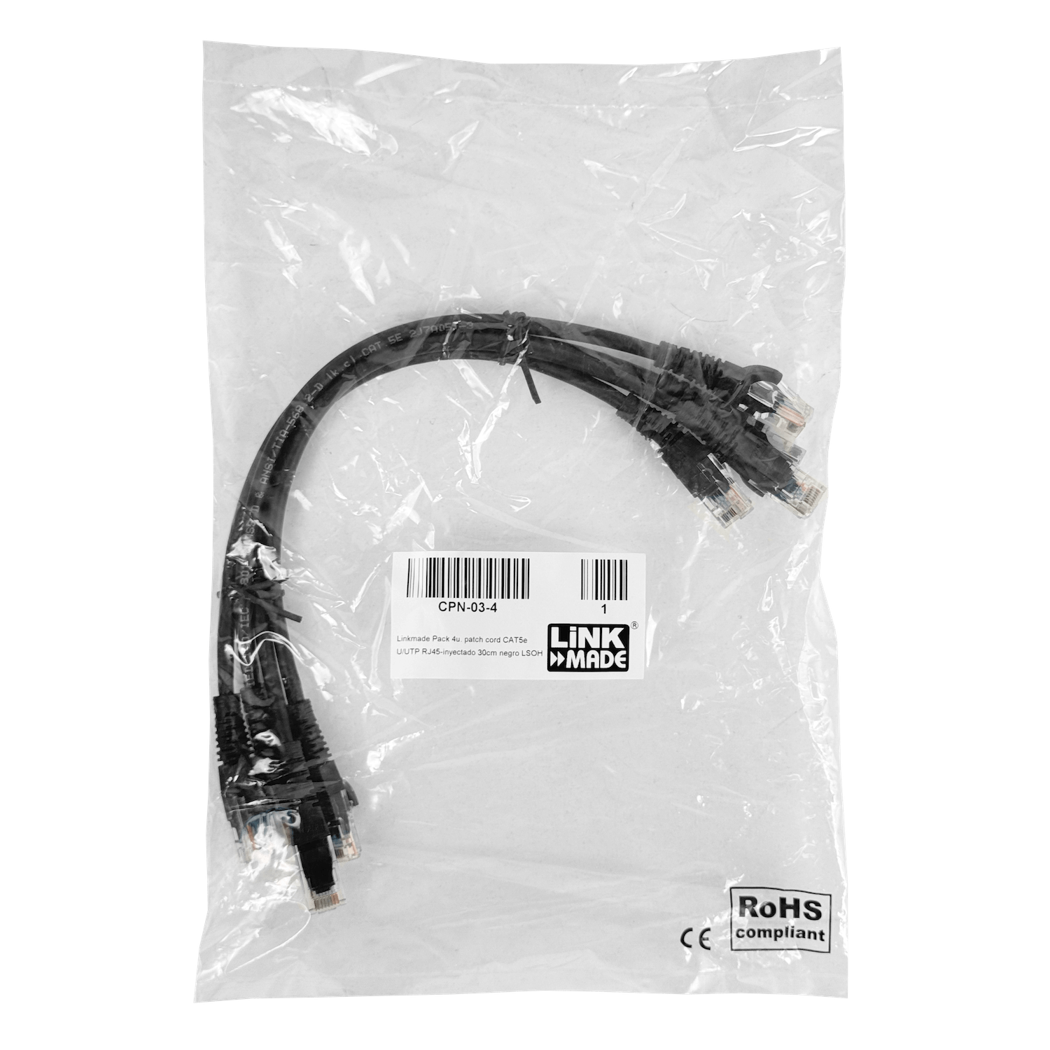 Pack x4 Cable Patch LINKMADE Cat5e 30cm Negro LSZH Inyectado Multifilar 2