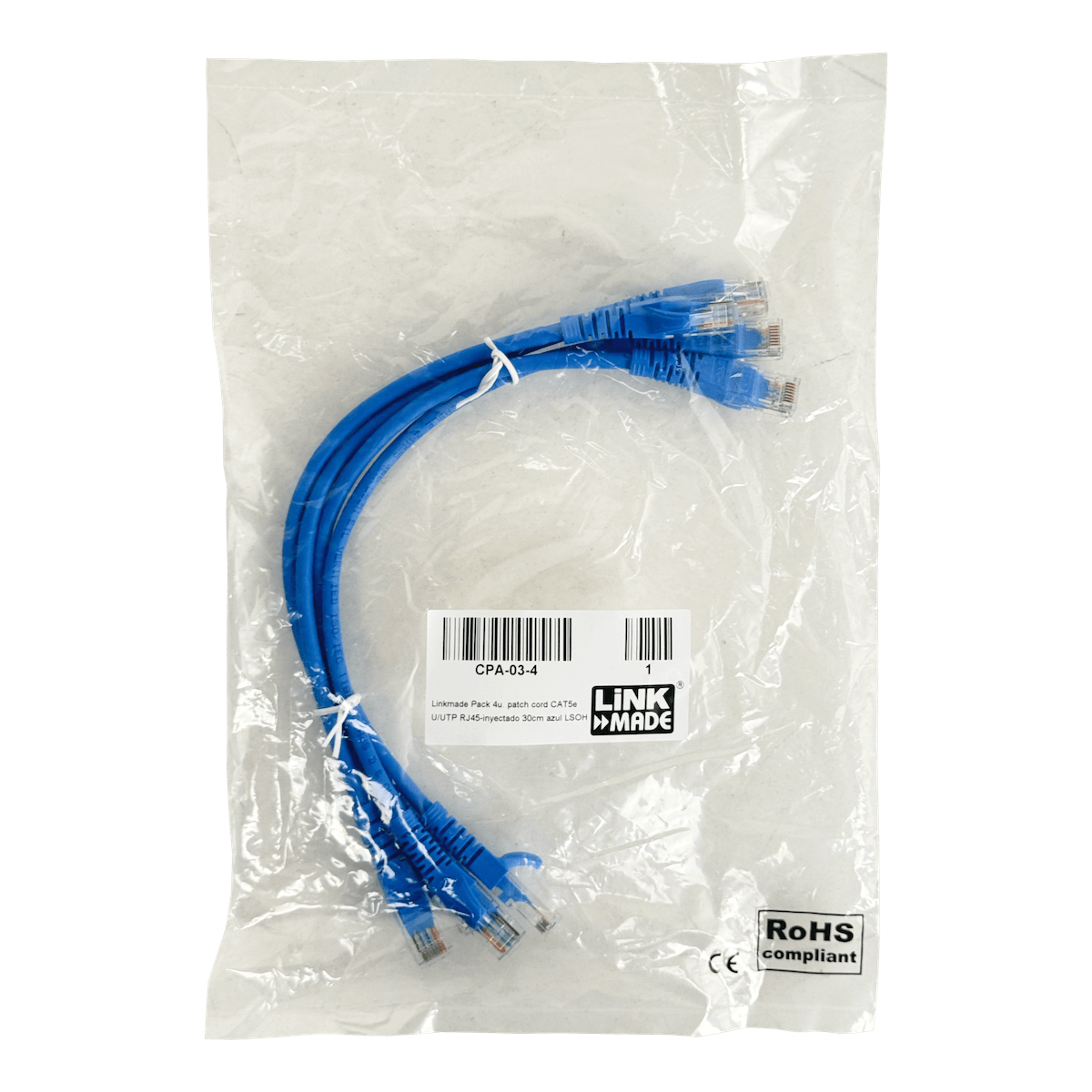 Pack x4 Cable Patch LINKMADE Cat5e 30cm Azul LSZH Inyectado Multifilar 2