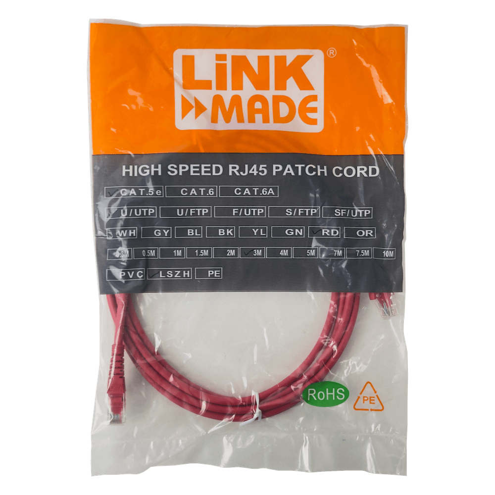 Cable Patch LINKMADE Cat5e 3mt Rojo LSZH Inyectado Multifilar 2