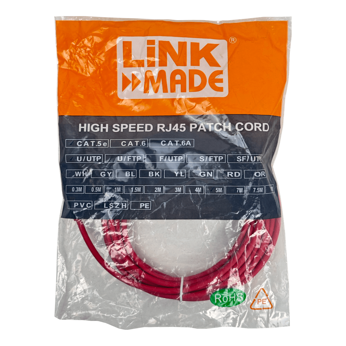 Cable Patch LINKMADE Cat5e 5mt Rojo LSZH Inyectado Multifilar 3