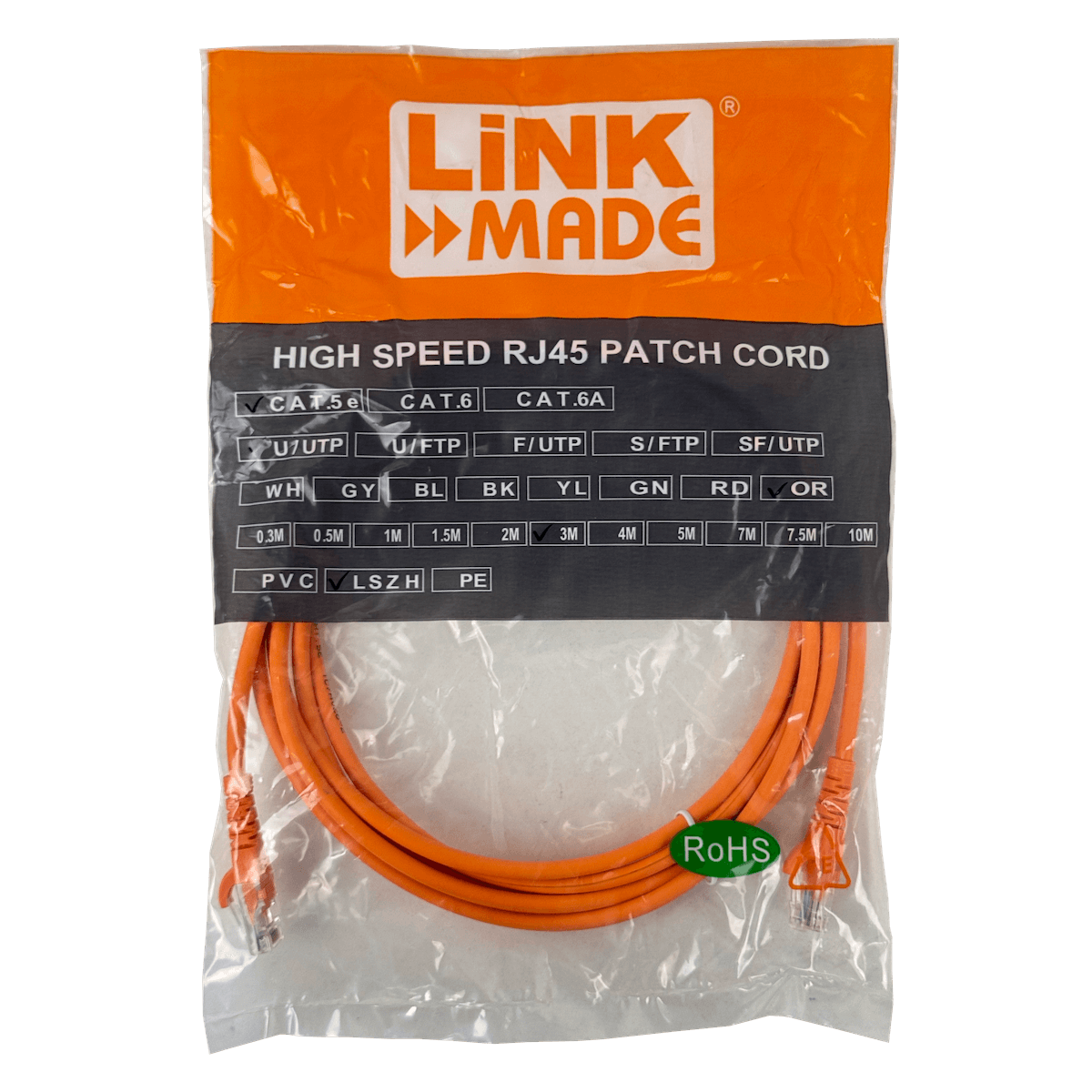 Cable Patch LINKMADE Cat5e 3mt Naranjo LSZH Inyectado Multifilar 4