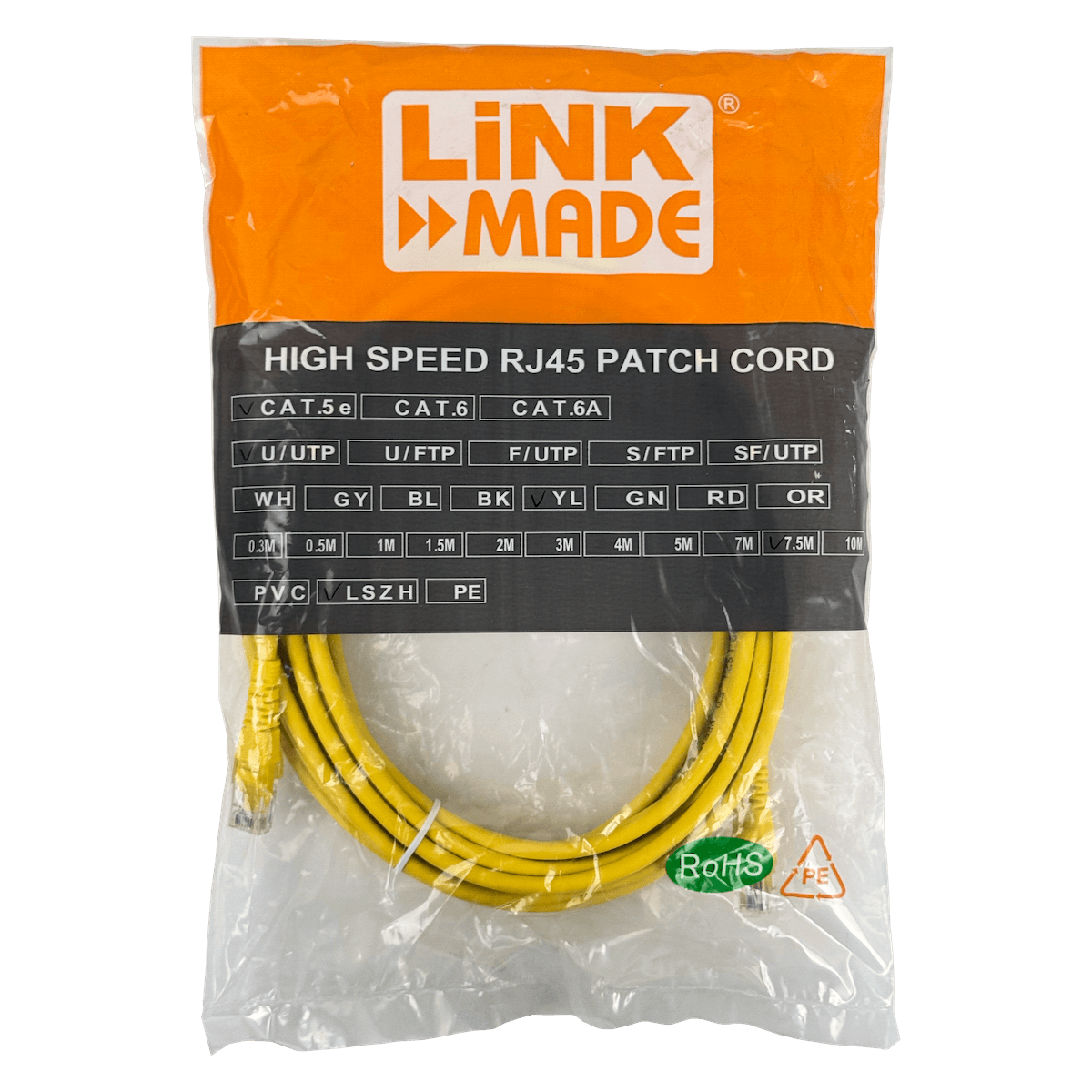 Cable Patch LINKMADE Cat5e 7.5mt Amarillo LSZH Inyectado Multifilar 5
