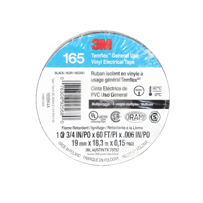 Cinta Huincha Aisladora 3M165 Negra, 18 Metros, PVC 19mm 0,15mm 600V 0-90ºC 2