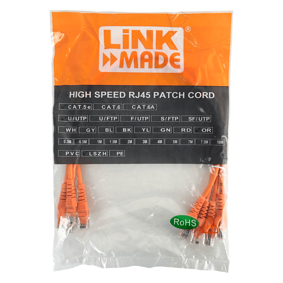 Pack x4 Cable Patch LINKMADE Cat5e 0.5mt Naranjo LSZH Inyectado Multifilar 2
