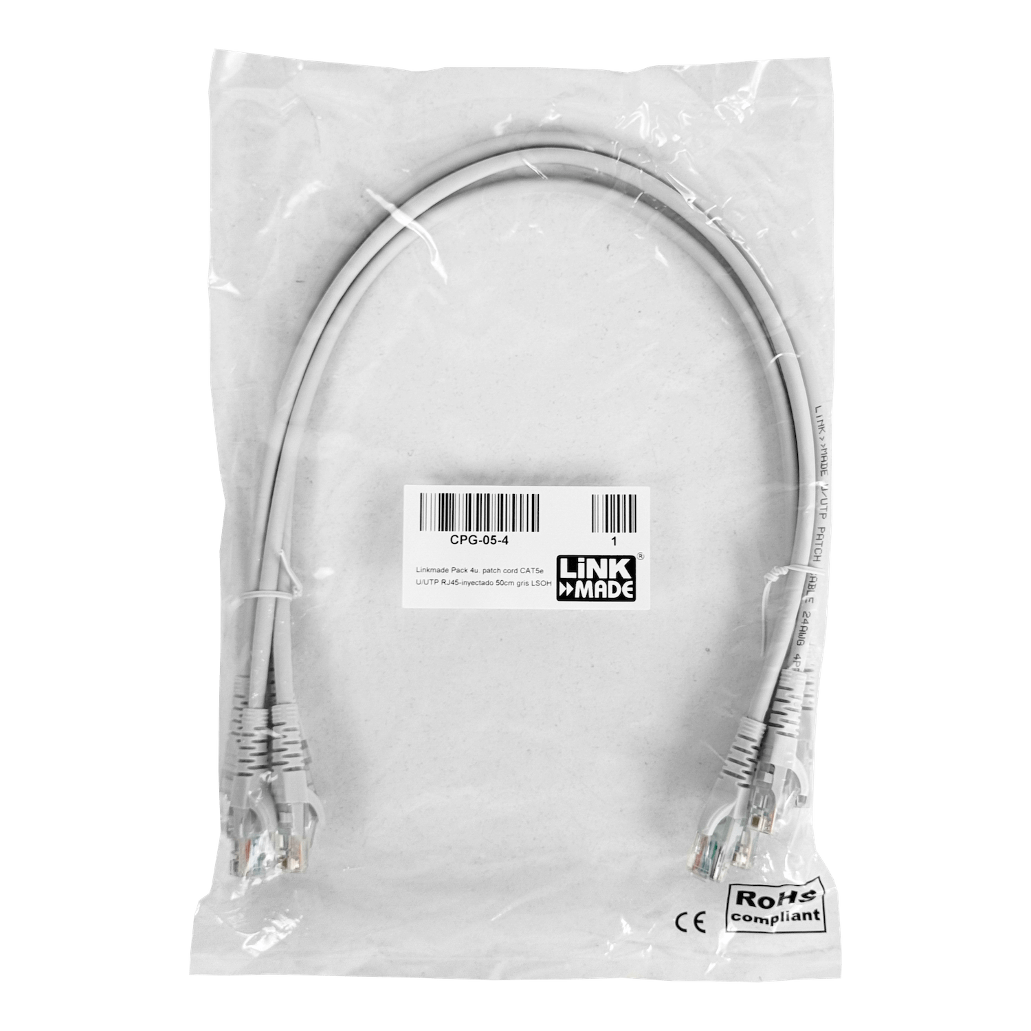 Pack x4 Cable Patch LINKMADE Cat5e Gris 50cm LSZH Inyectado Multifilar 2
