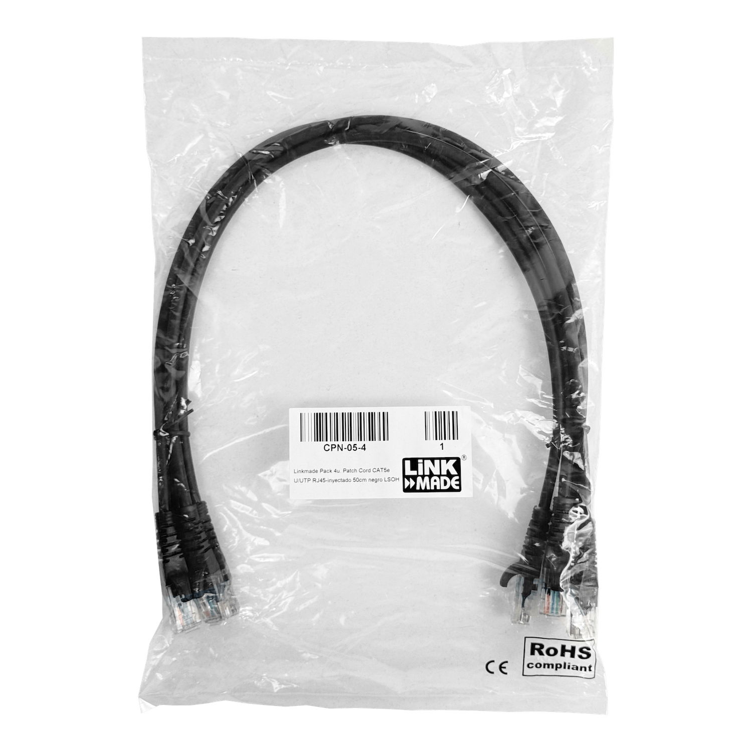 Pack x4 Cable Patch LINKMADE Cat5e 0.5mt Negro LSZH Inyectado Multifilar 2