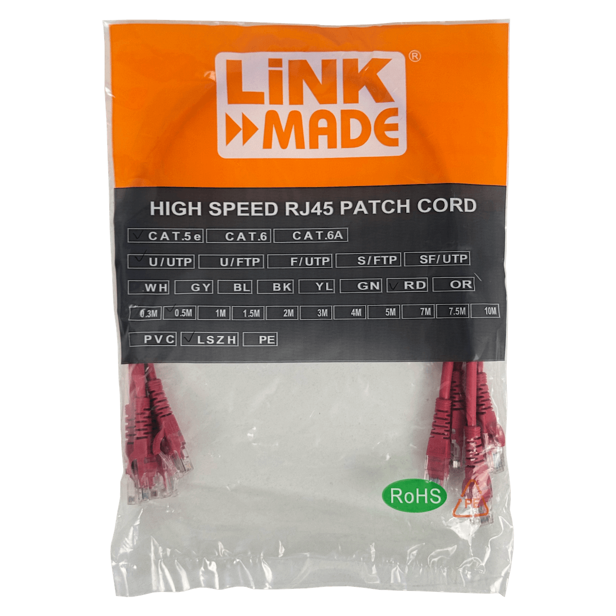 Pack x4 Cable Patch LINKMADE Cat5e 0.5mt Rojo LSZH Inyectado Multifilar 5