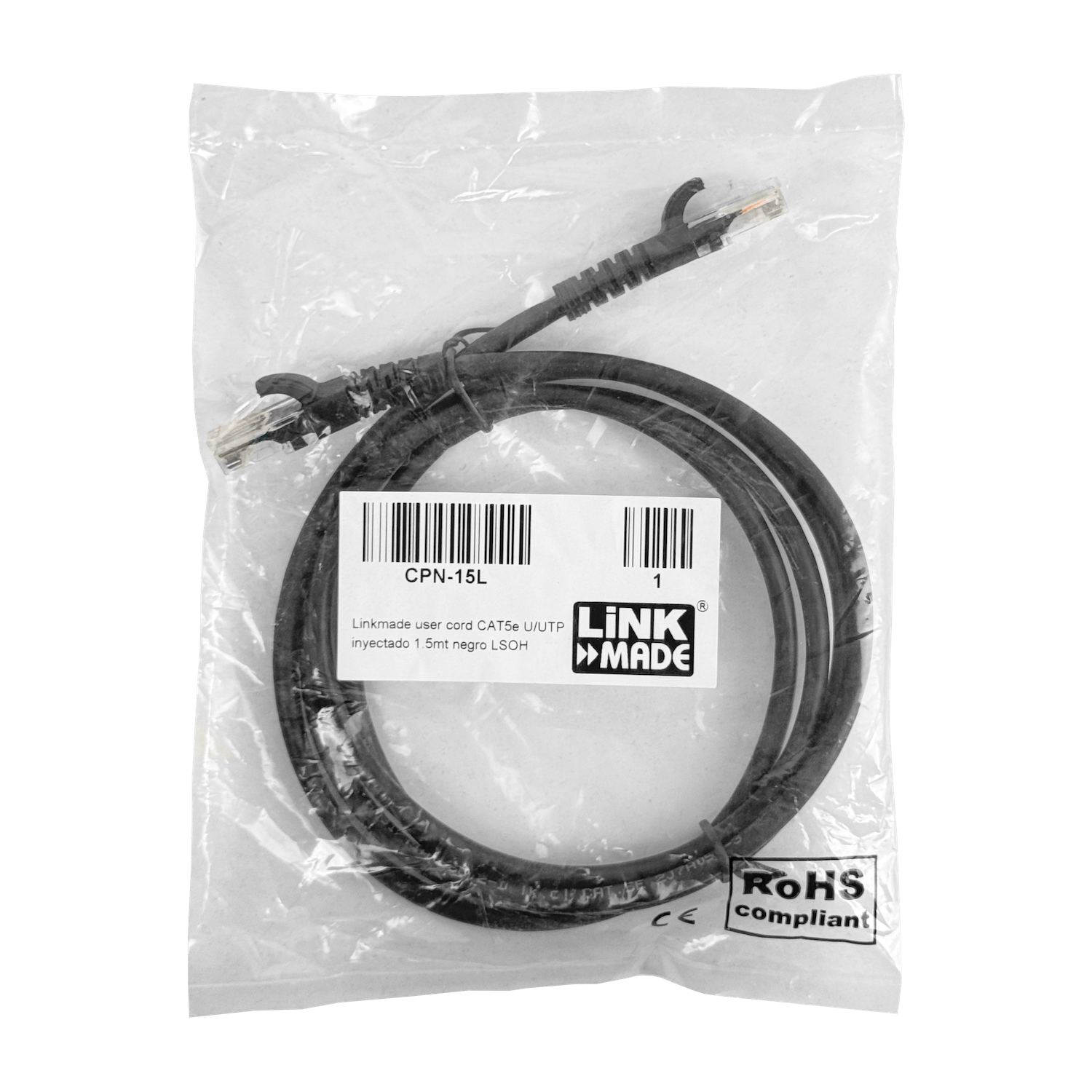 Cable Patch LINKMADE Cat5E Negro LSZH, 1.5m, Inyectado, Multifilar 1