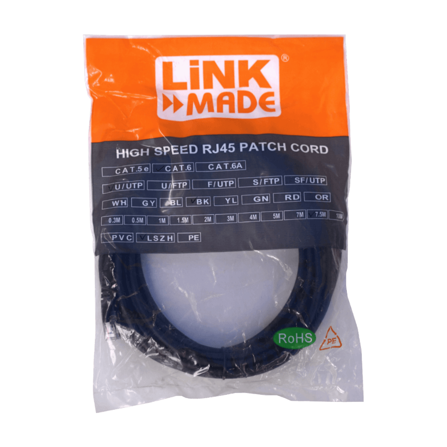 Cable Patch LINKMADE Cat6 Negro LSZH 7.5 metros Inyectado Multifilar para Redes de Alta Capacidad 1