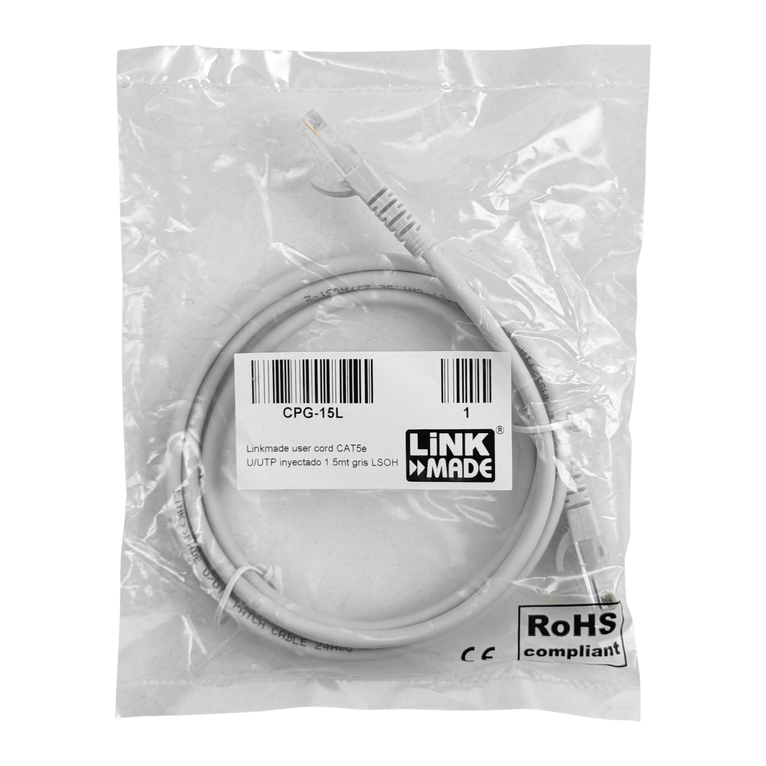 Cable Patch LINKMADE Cat5e Gris LSZH 1.5 metros Inyectado Multifilar para Conexiones Rápidas 4