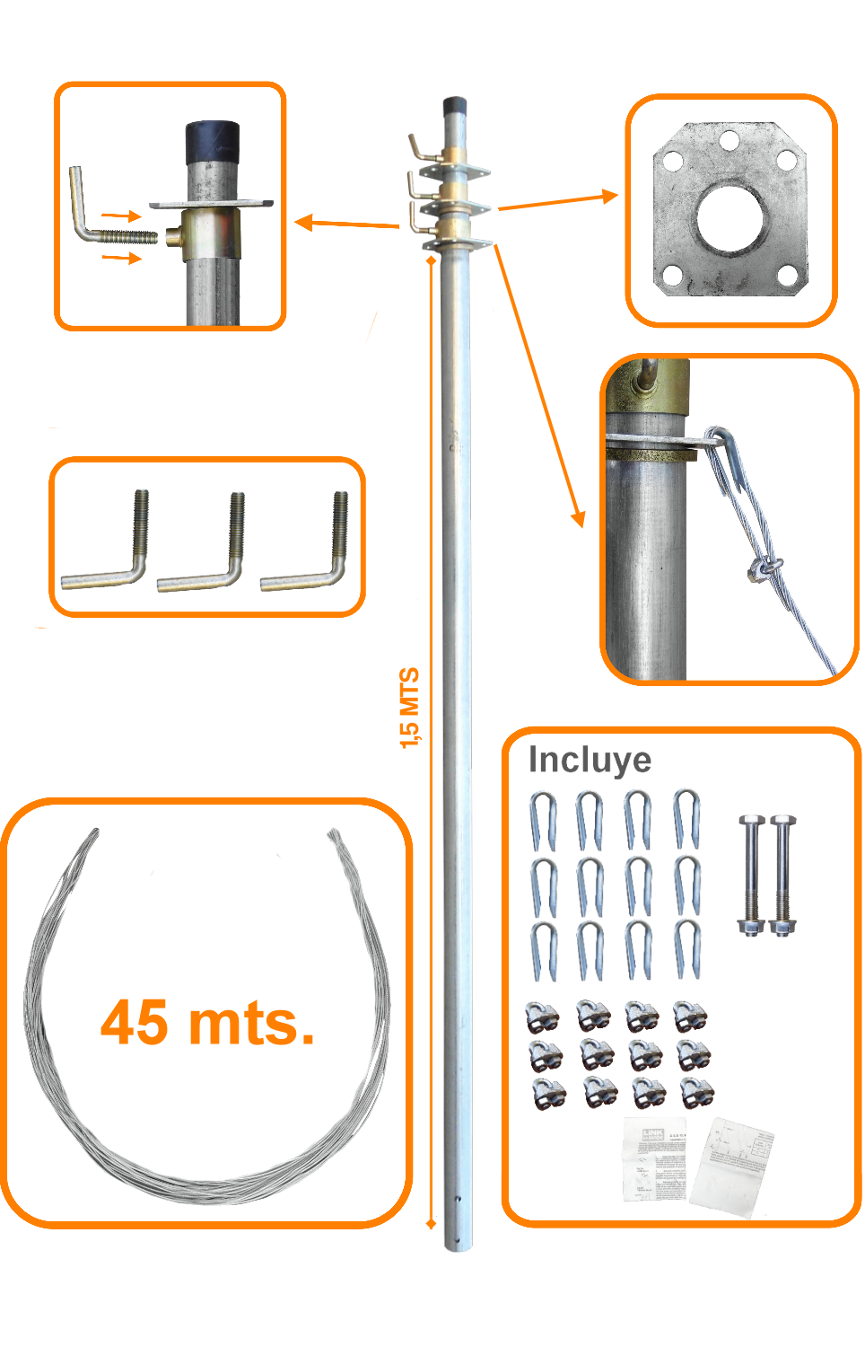 Mastil Telescopico LINKMADE MAST-15 4.5m con Vientos 3 Tubos Alcance 1.5m 1