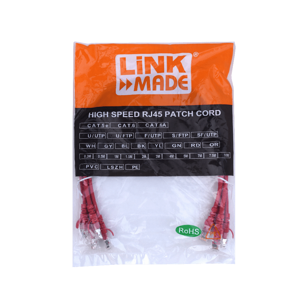 Pack x4 Cable Patch LINKMADE Cat6a U/FTP 0.5mt Rojo LSZH Inyectado Multifilar 1