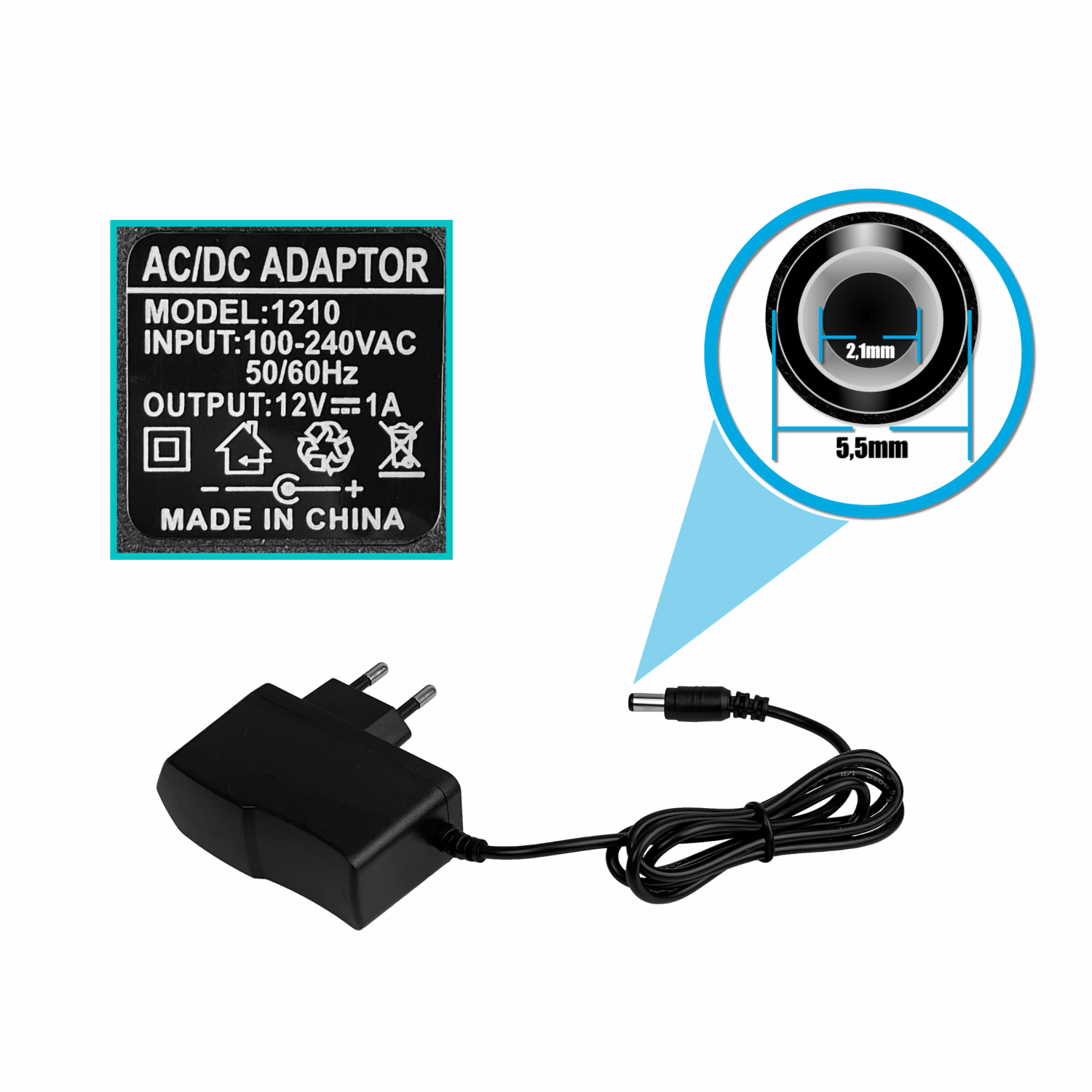 Fuente de Poder 12VDC 1A 12W, Plug 5.5x2.1mm, Transformador P1A-IT 2
