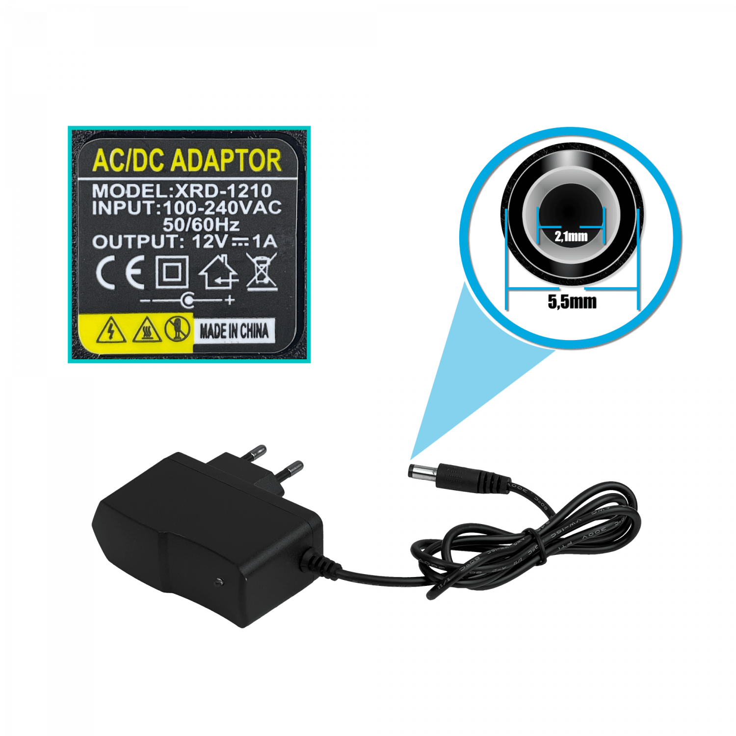 Fuente de Poder 12VDC 1A 12W, Plug 5.5x2.1mm, Transformador P1A-IT 3
