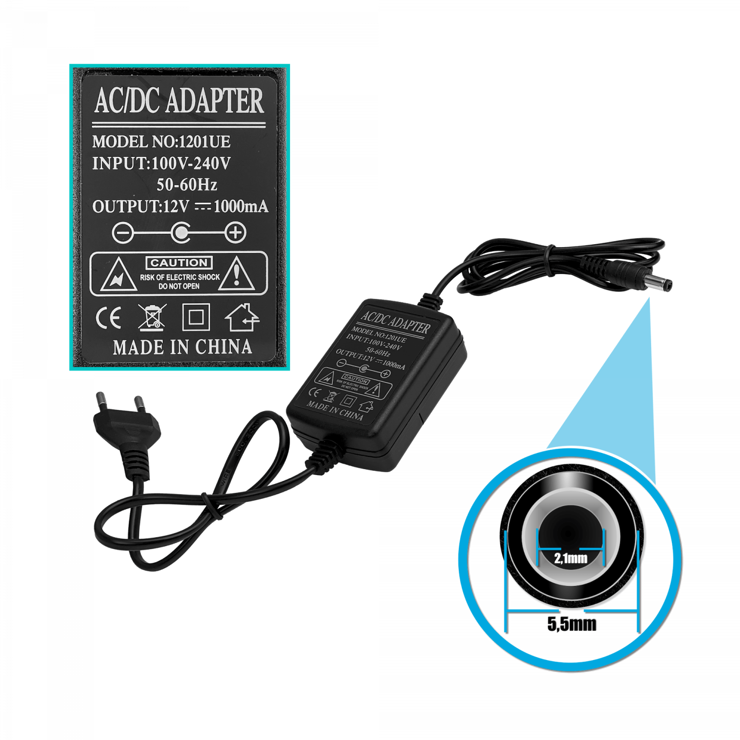 Fuente de Poder 12VDC 1A 12W, Plug 5.5x2.1mm, Transformador P1A-IT 6