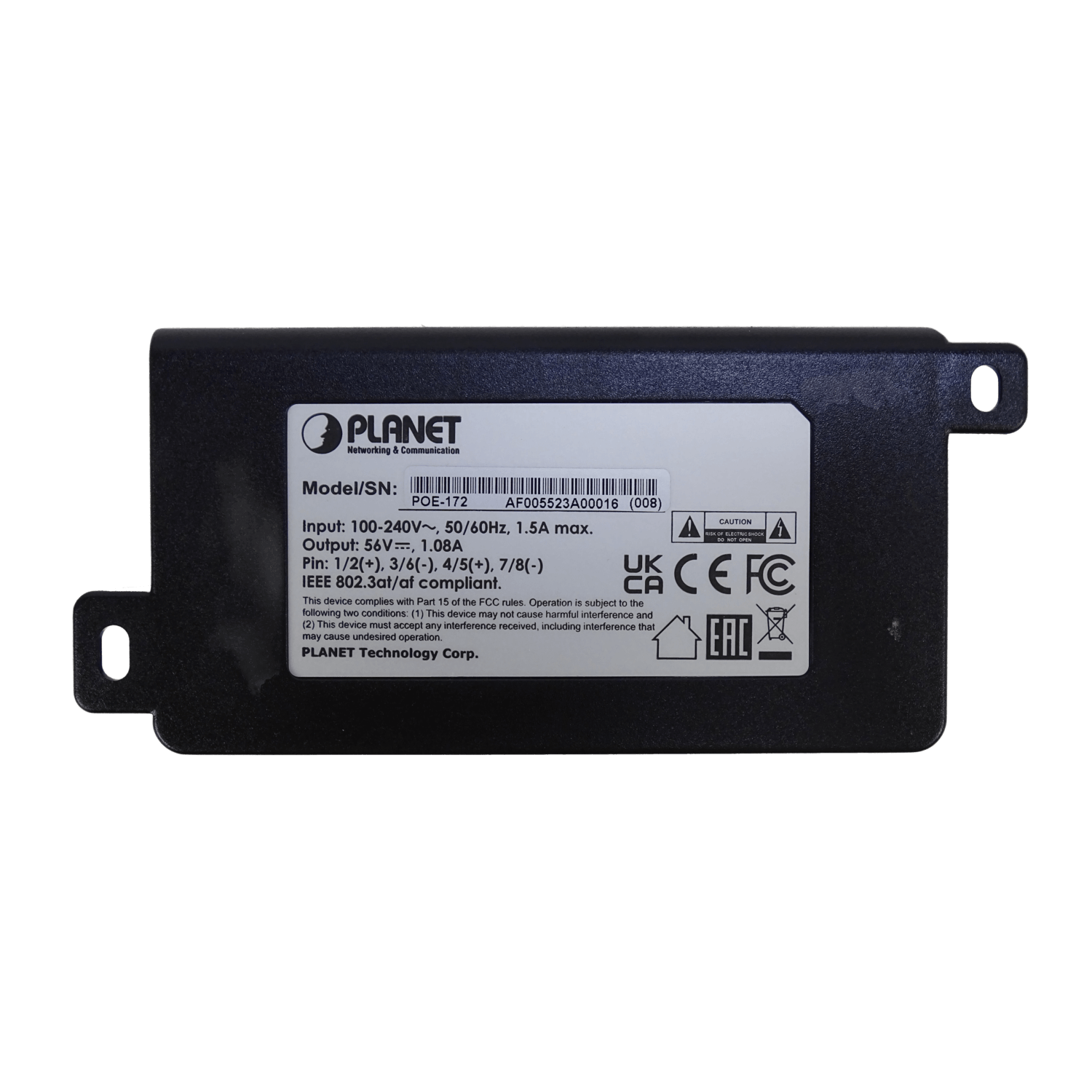  Inyector PoE+ Planet POE-172 de 220V AC a 56V DC y 60W, 802.3at, 56V, 60W, 2 RJ45 Gigabit 1