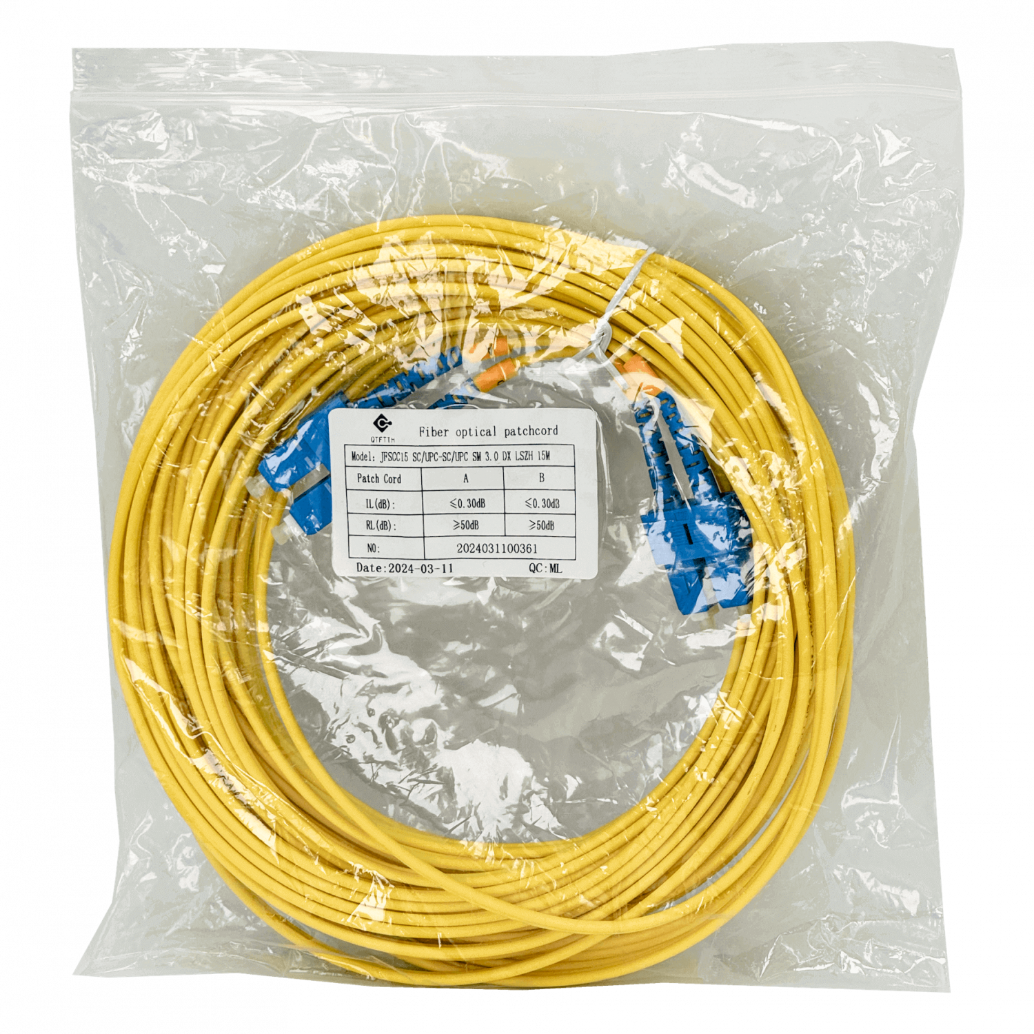15mt SC-SC/UPC MonoModo SM Duplex Jumper Cable Fibra 9/125um 3mm 1