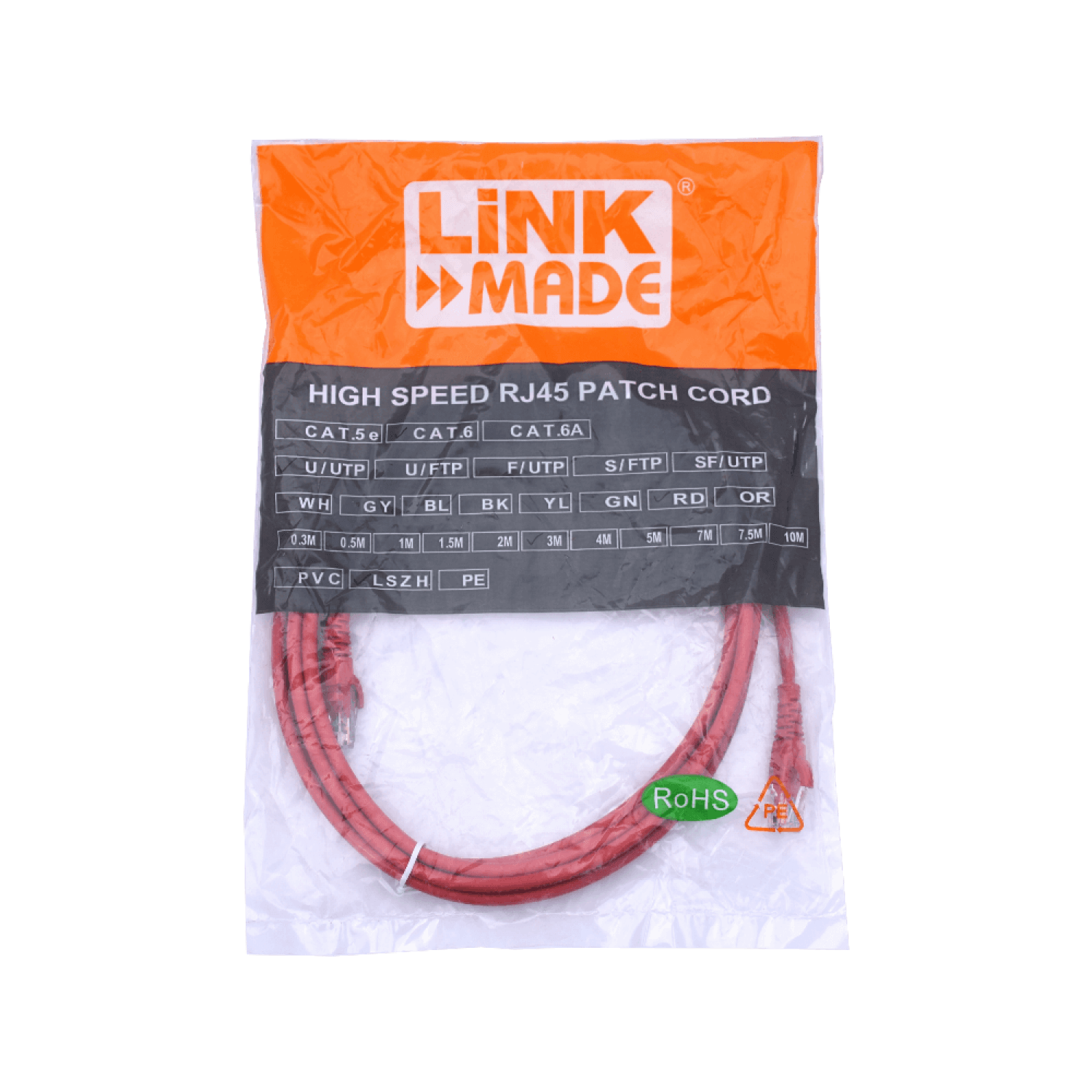 Cable Patch LINKMADE Cat6 U/UTP 3mt Rojo LSZH Inyectado Multifilar 2