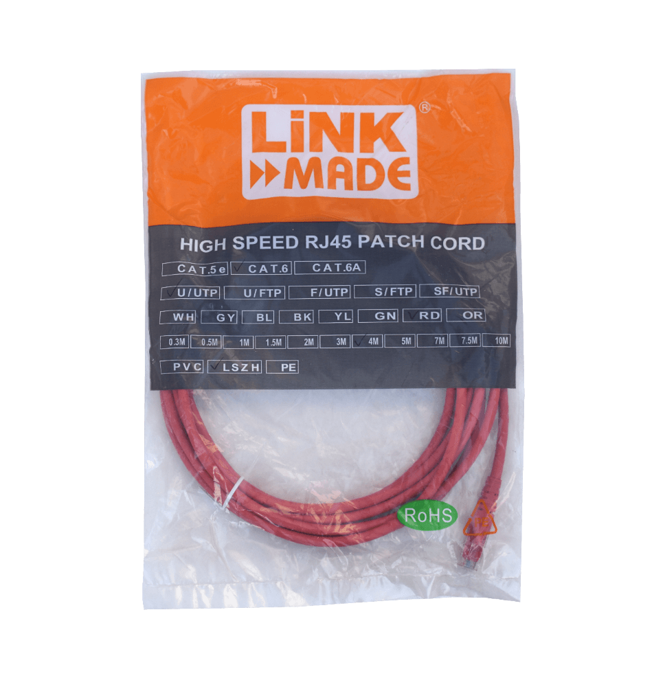 Cable Patch LINKMADE Cat6 U/UTP 4mt Rojo LSZH Inyectado Multifilar 3