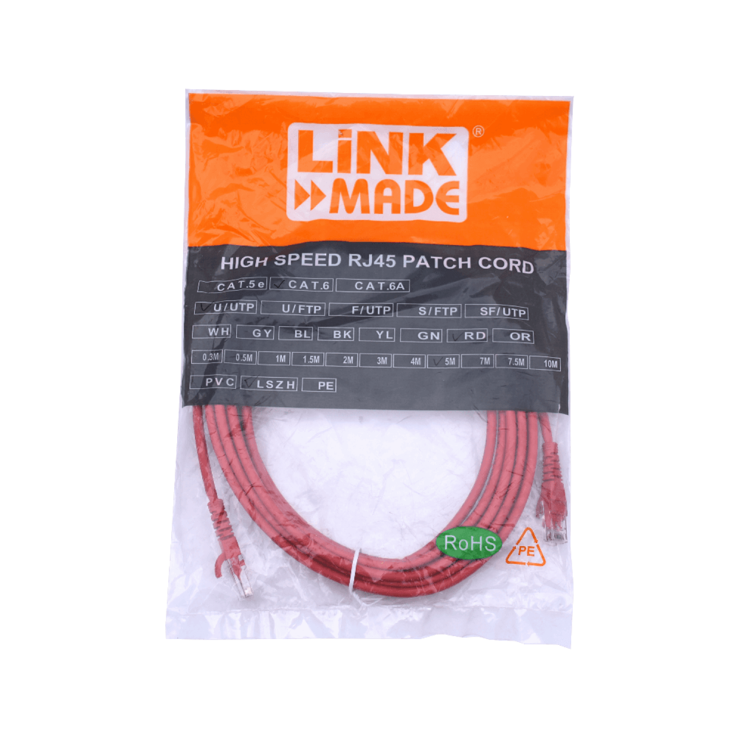 Cable Patch LINKMADE Cat6 U/UTP 5mt Rojo LSZH Inyectado Multifilar 2
