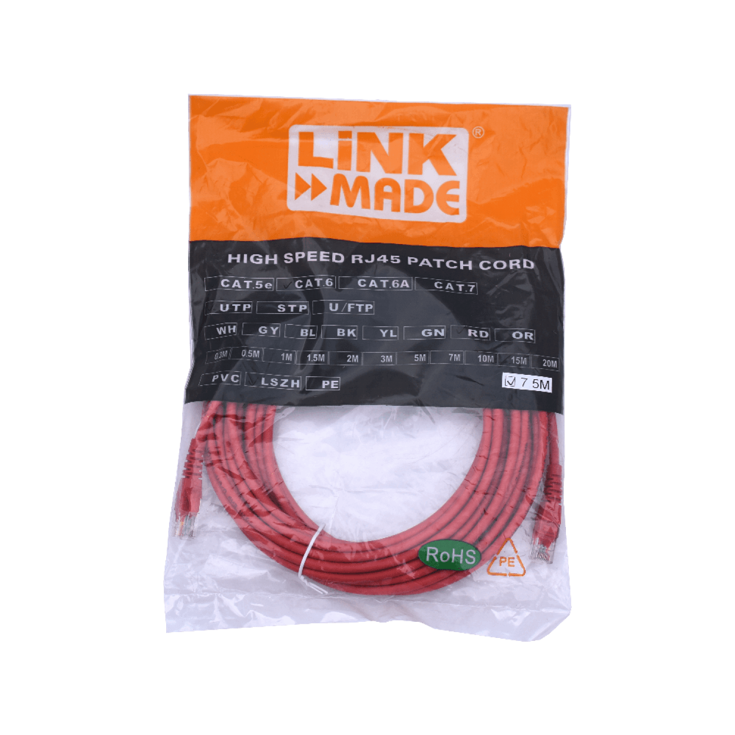 Cable Patch LINKMADE Cat6 7.5mt Rojo LSZH Inyectado Multifilar 2