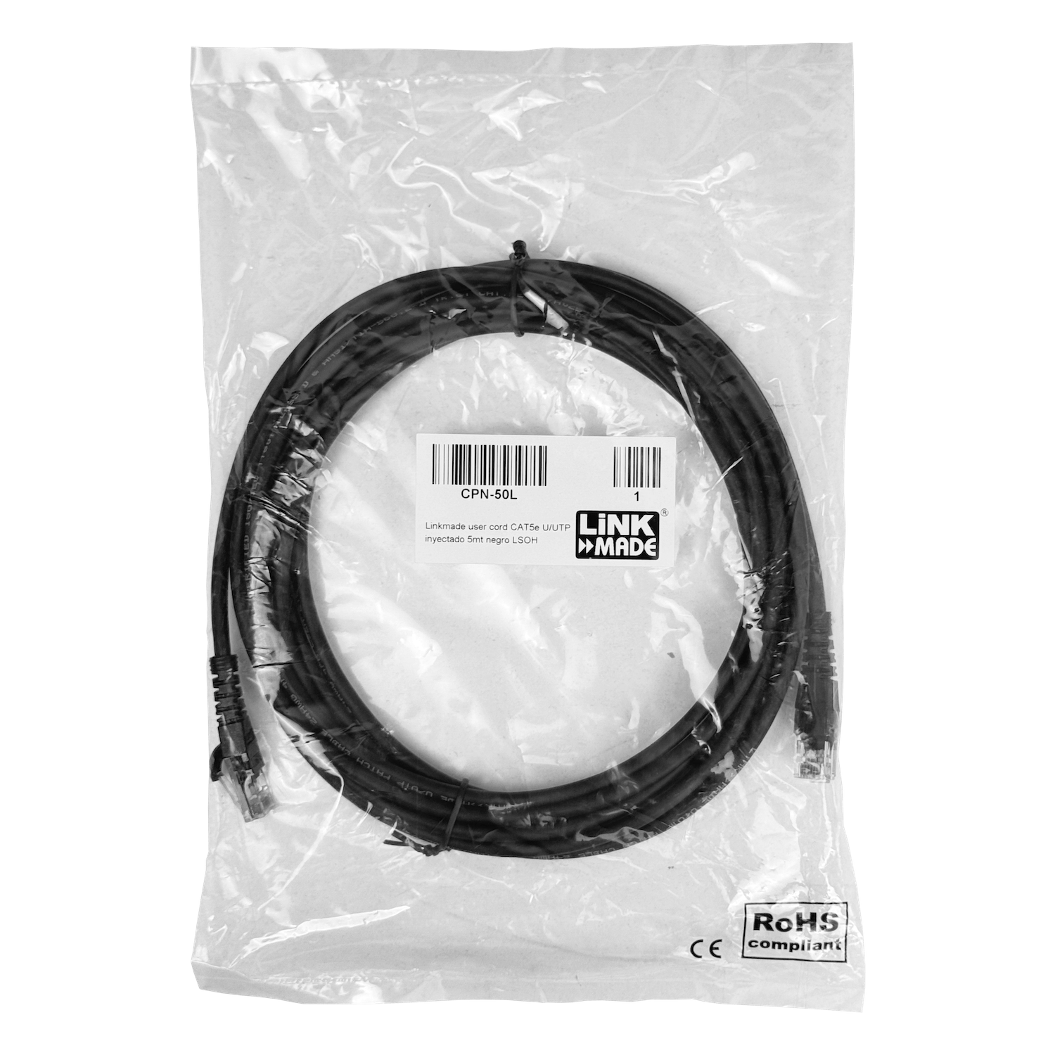 Cable Patch LINKMADE Cat5e 5mt Negro LSZH Inyectado Multifilar 2