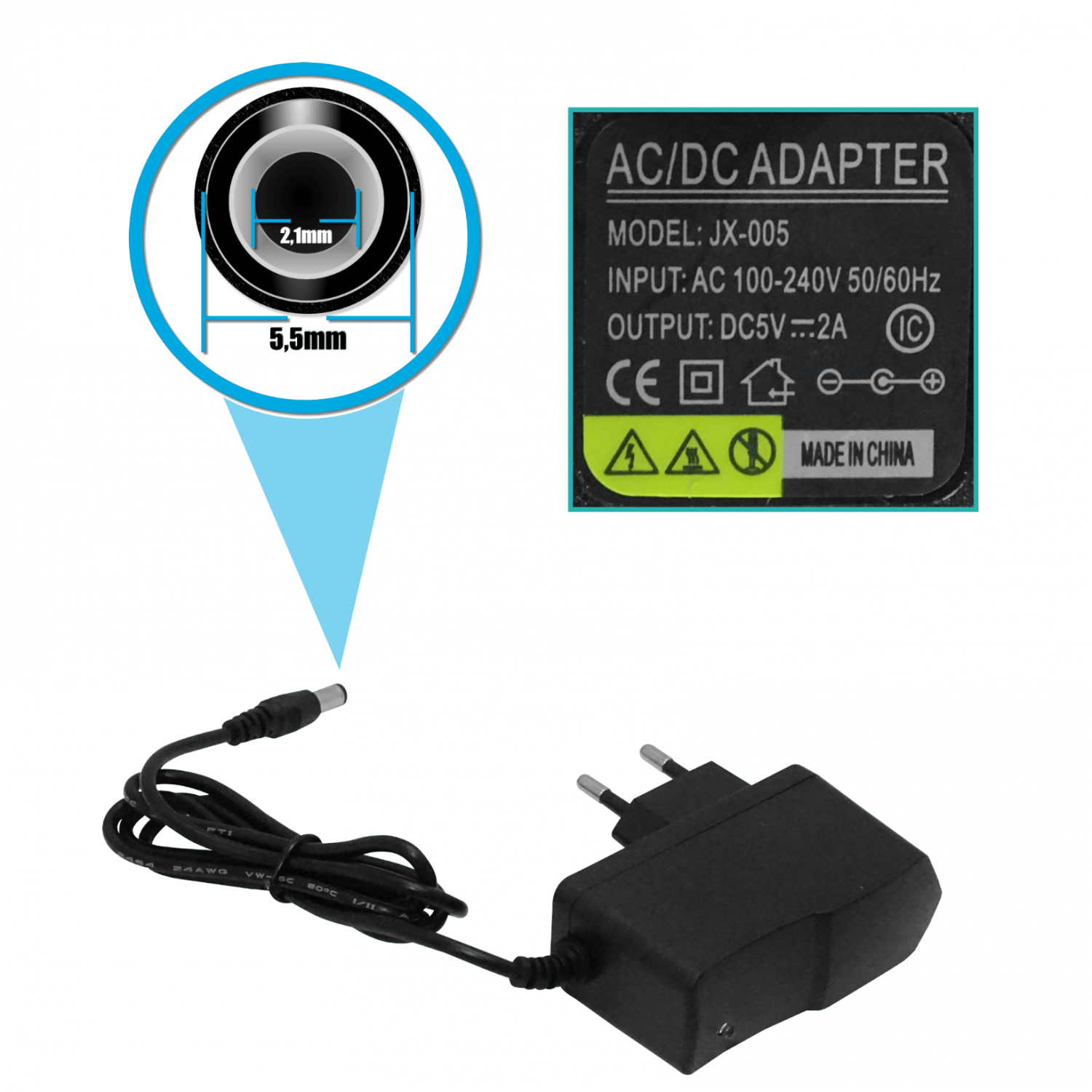 Fuente de Poder 5V 2A Plug 5.5x2.1mm, Transformador 100-240VAC 1