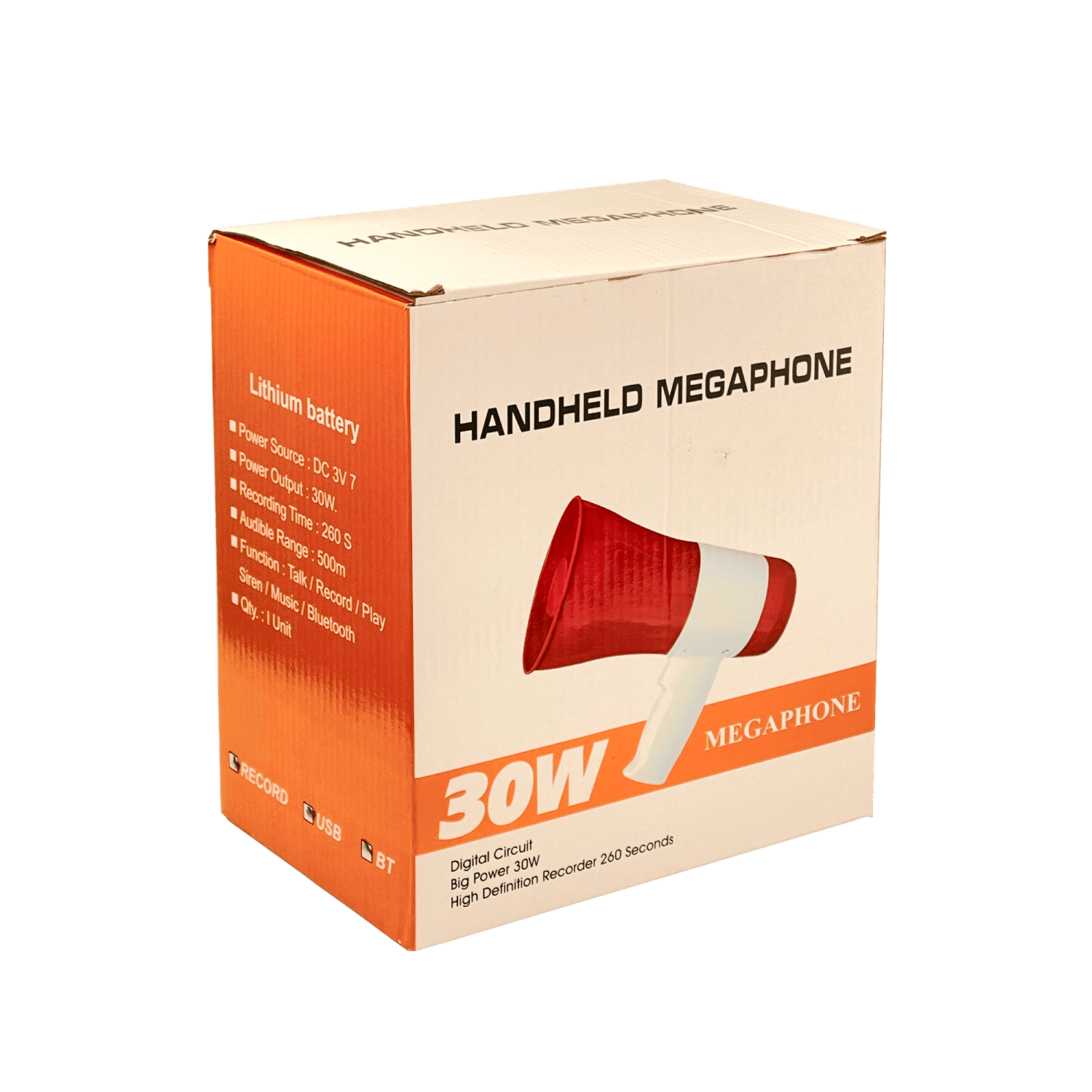 Megafono 30W inc-Pila Litio 3,7V 4800mAh Recargable Bluetooth USB mSD 6