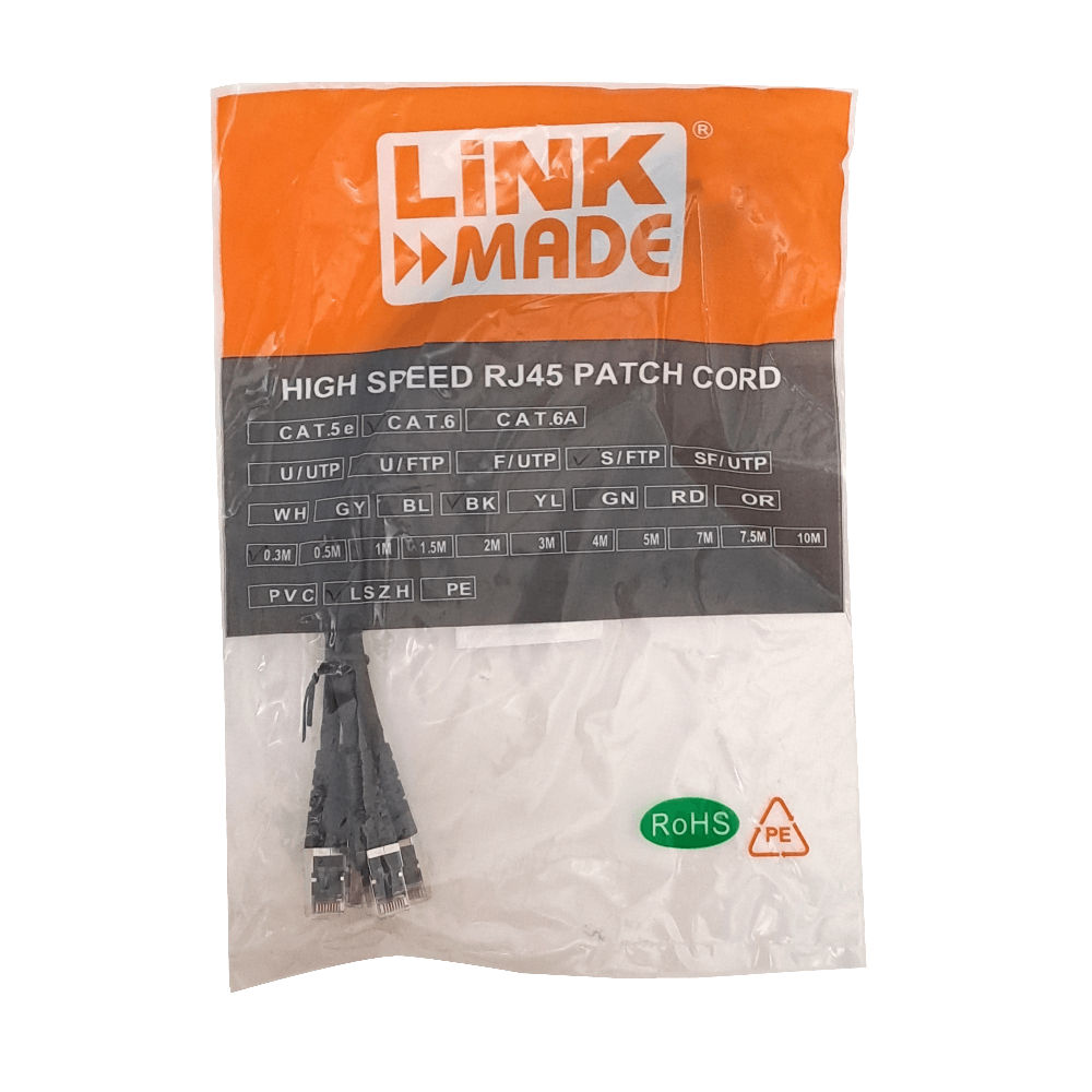 Pack x4 Cable Patch LINKMADE Cat6 S/FTP 30cm Negro LSZH Inyectado Multifilar 1