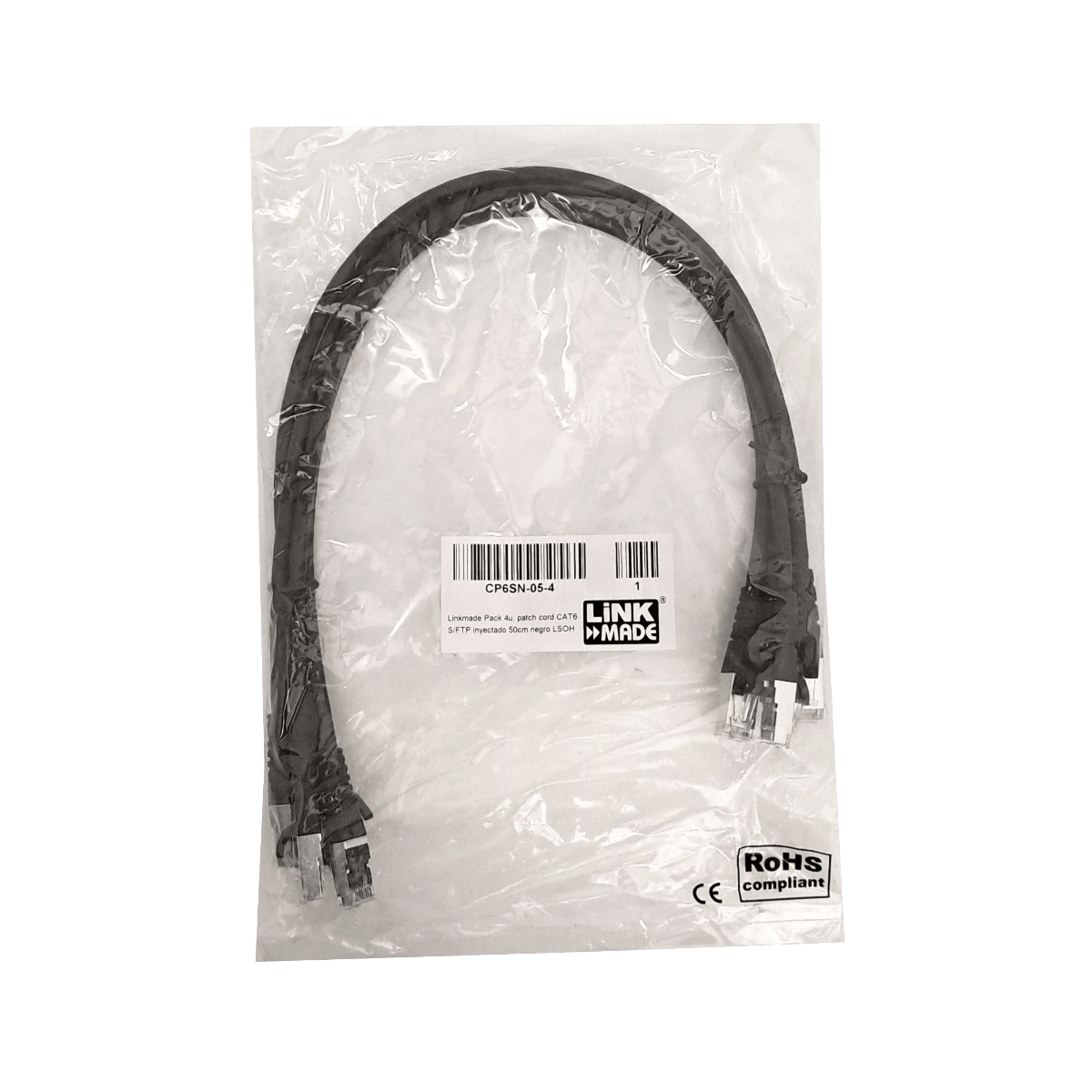 Pack x4 Cable Patch LINKMADE Cat6 S/FTP 50cm Negro LSZH Inyectado Multifilar 3