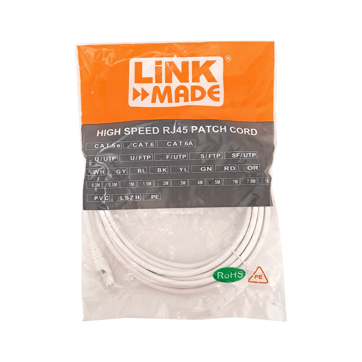 Cable Patch LINKMADE Cat6 F/UTP 5mt Blanco LSZH Inyectado Multifilar 4