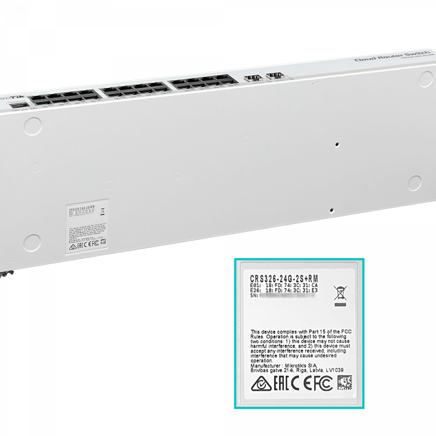Switch MikroTik CRS326-24G-2S+RM 24x Gigabit 2x SFP+ 10G Rack Dual Boot RouterOS/SwOS 2