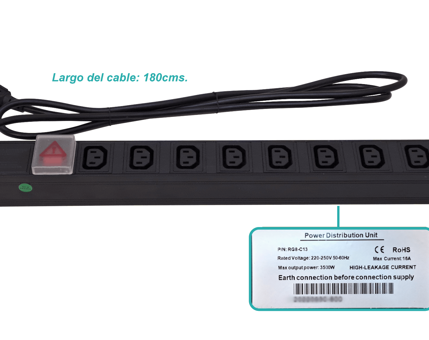 PDU 16A con 8 Enchufes C13, Entrada Schuko, Rack 1U, Interruptor Piloto 2