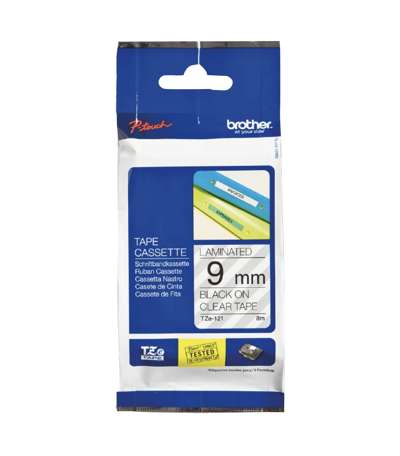  Cinta Laminada Brother TZE-121, Texto Negro sobre Fondo Transparente, 9 mm, 8 Metros 1