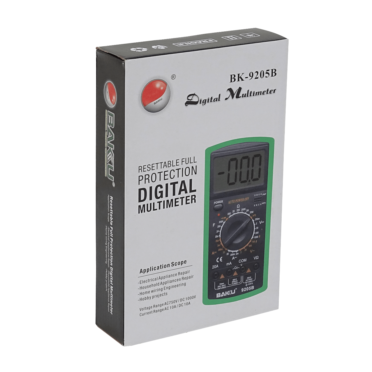 BAKU Multitester Digital inc-Bateria9V 1000VDC 750VAC 10A BK-9205B 5
