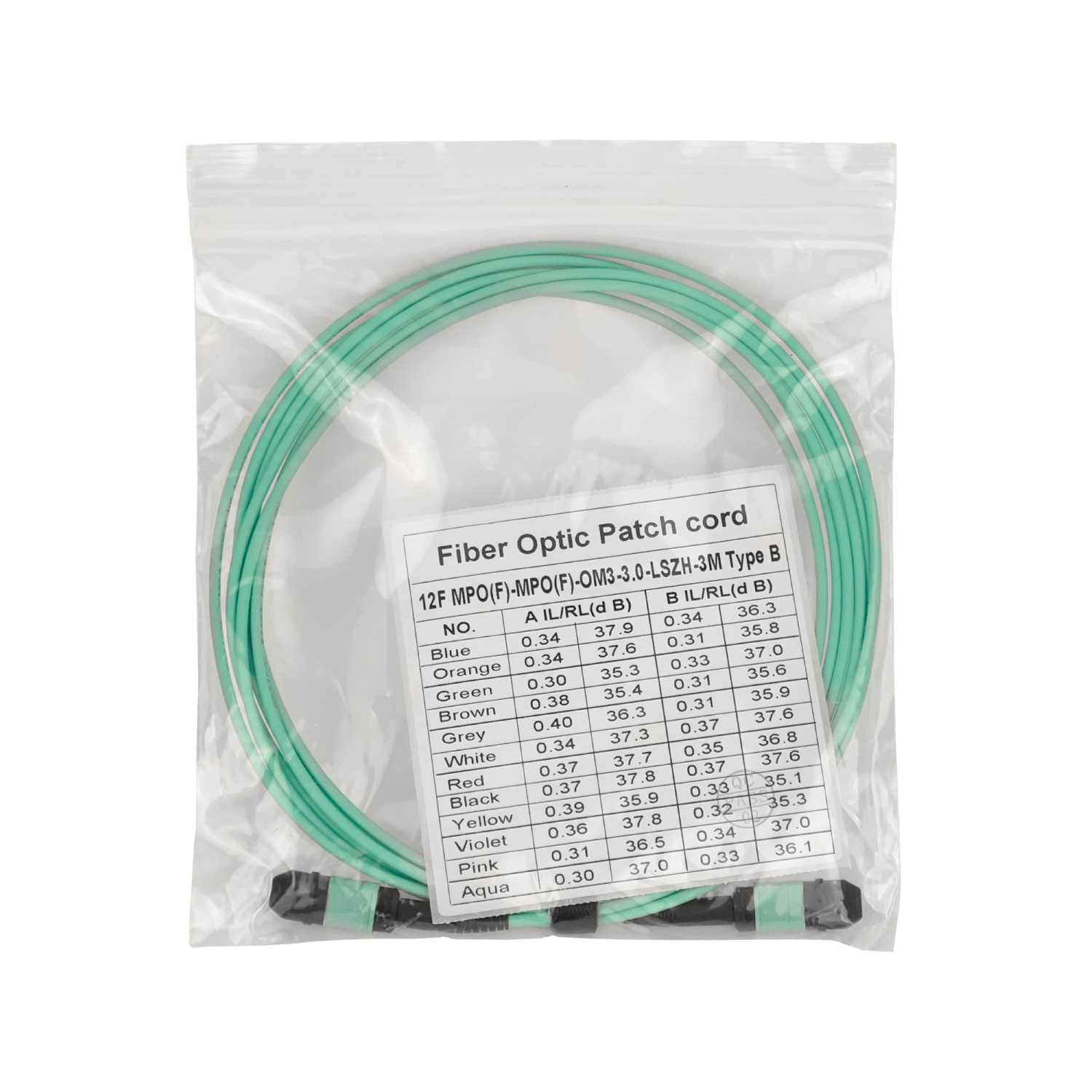 3mt MPO-MPO 12-Fibras Type-B OM3 Multimodo MM Duplex Jumper Fibra LSZH 2