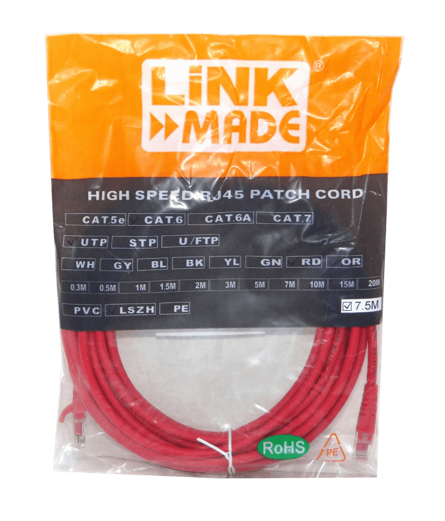 Cable Patch Cruzado LINKMADE Cat6 7.5mt Rojo U/UTP CrossOver 568A/568B 3