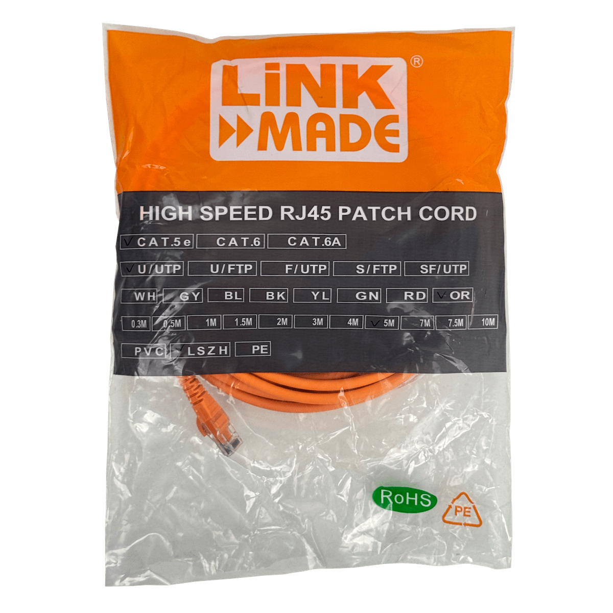 Cable Patch LINKMADE Cat5e 5mt Naranjo LSZH Inyectado Multifilar 3