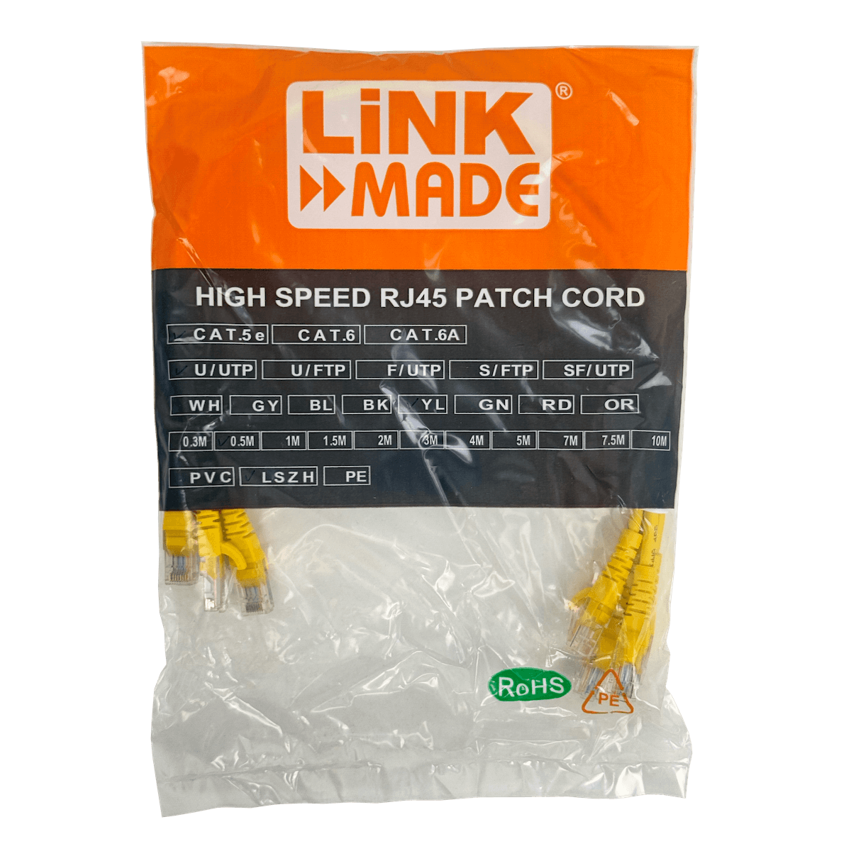 Pack x4 Cable Patch LINKMADE Cat5e 0.5mt Amarillo LSZH Inyectado Multifilar 3