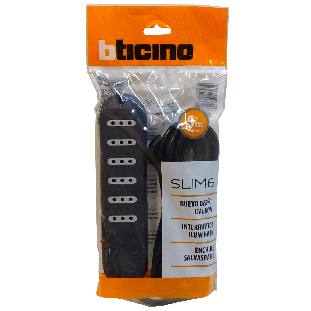 BTICINO 5MT 6-ENCHUFES ALARGADOR NEGRO 10A ZAPATILLA SWITCH-PILOTO 4