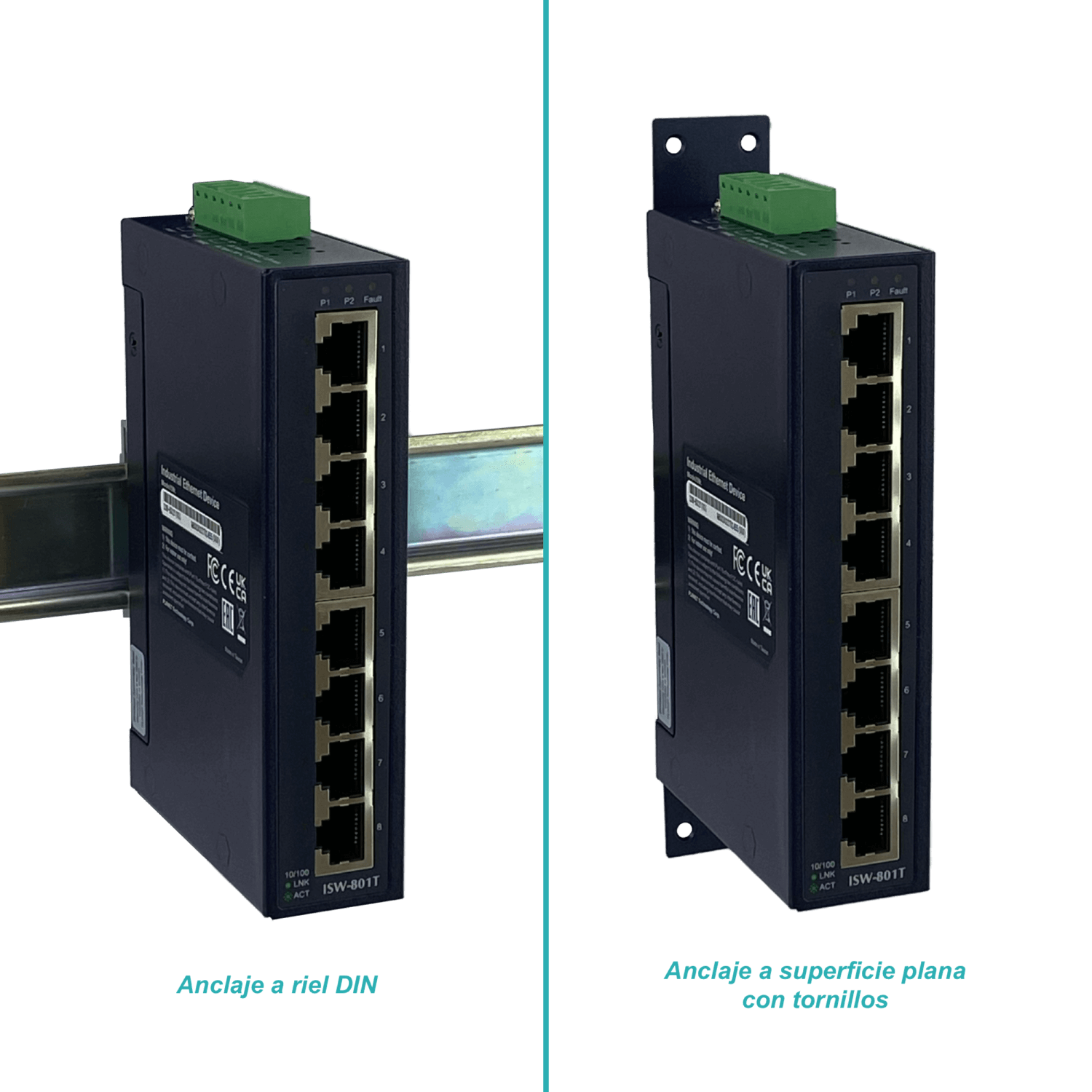 PLANET 8-100 Switch Industrial Riel-DIN no-Admin req/12-48VDC/24VAC 2