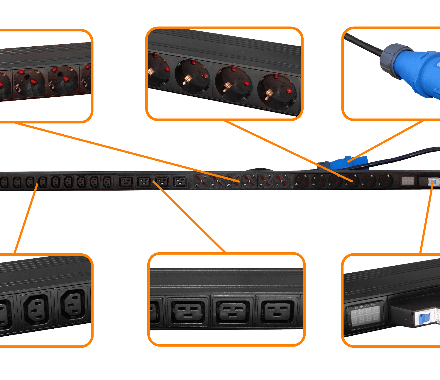 PDU Vertical 32 A LK 12 C13 4 C19 6 Schuko Volt-Amp Auto-térmico 3