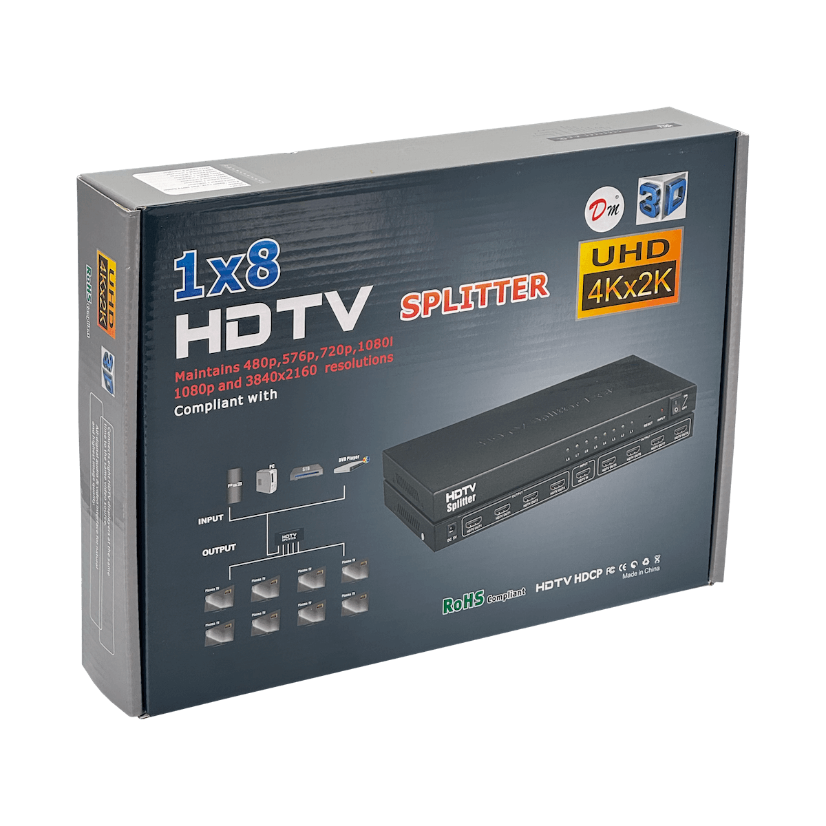 Splitter HDMI 1x8 v1.3, 1080p, 1 Entrada a 8 Salidas, Fuente 5V 2A 1