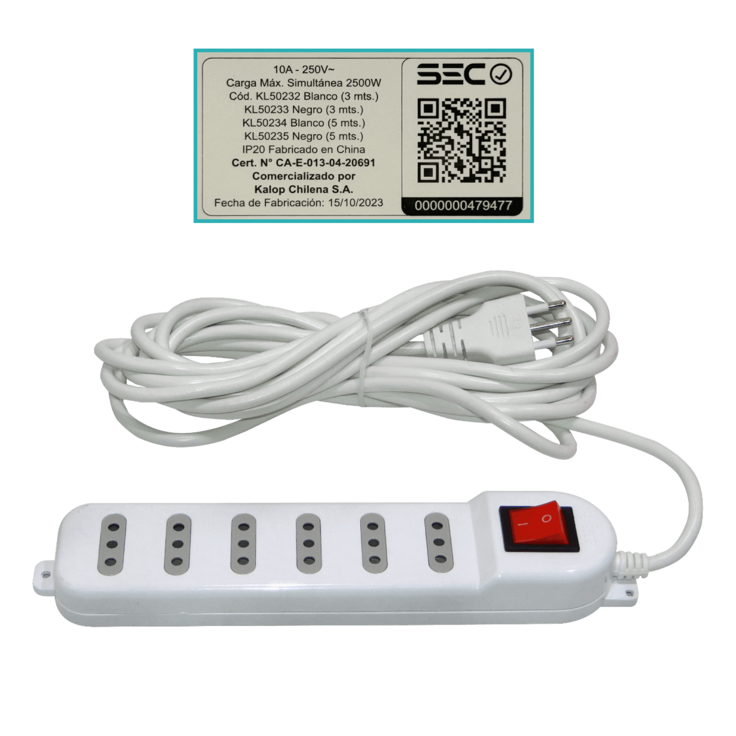 KALOP 5mt 6-IH Alargador Blanco 10A Zapatilla Piloto-Interrupt KL50234 1