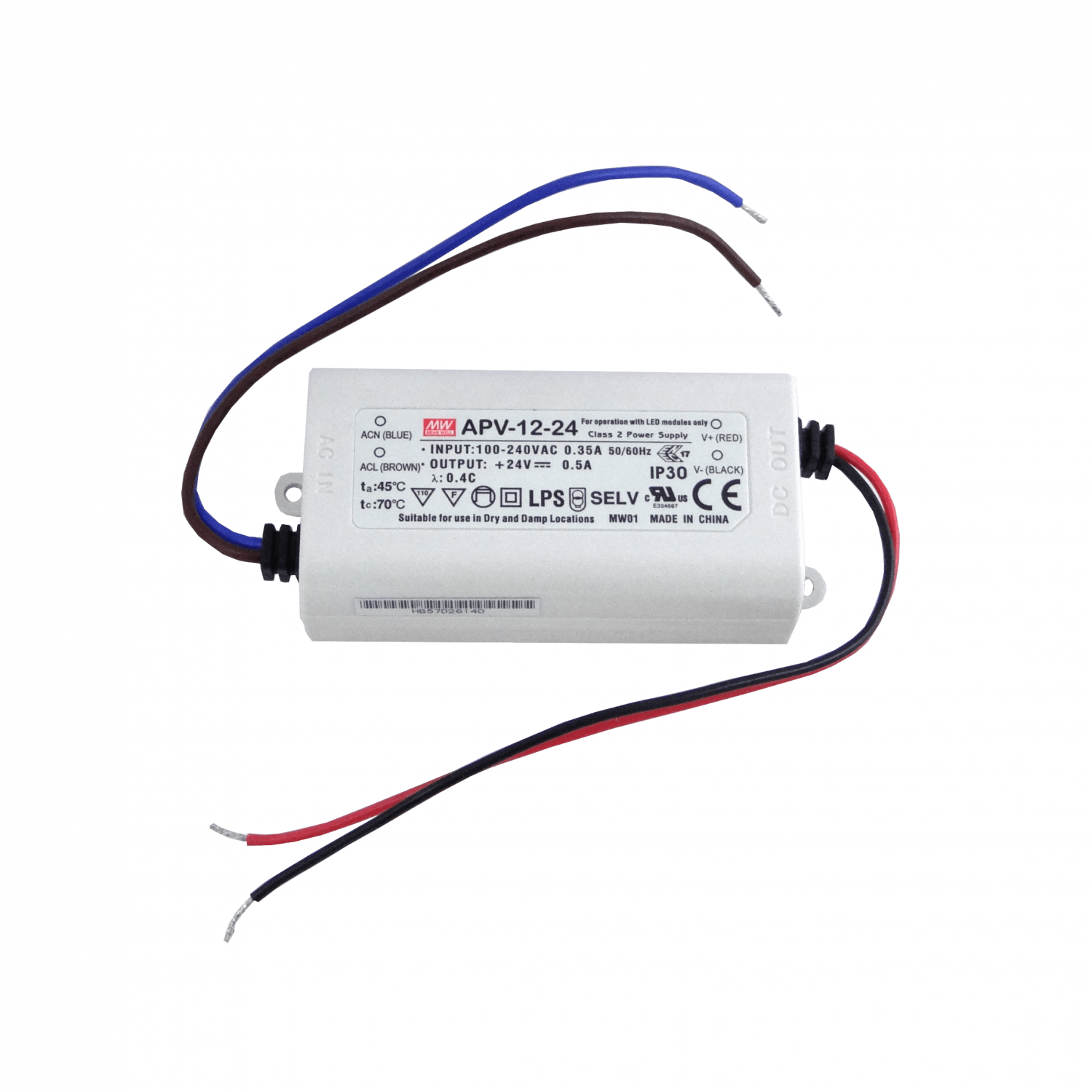 MEANWELL 24V 12W 0,5A 100-240VAC Fuente-Poder Plastica IP30 Sellada 1