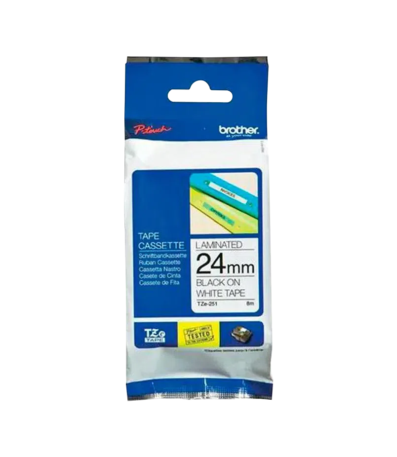 Cinta Laminada Brother TZE-251, Texto Negro sobre Fondo Blanco, 24mm, 8 Metros 2